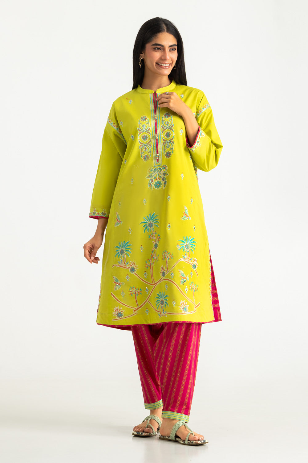 Cambric Embroidered Co-Ord Set With Printed