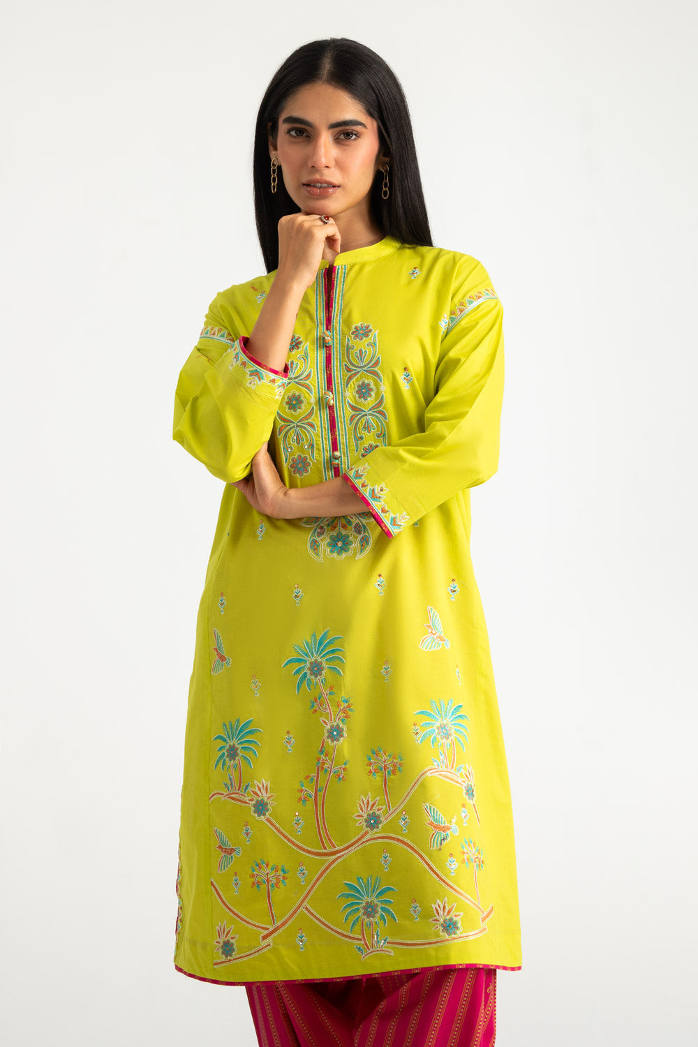 Cambric Embroidered Co-Ord Set With Printed