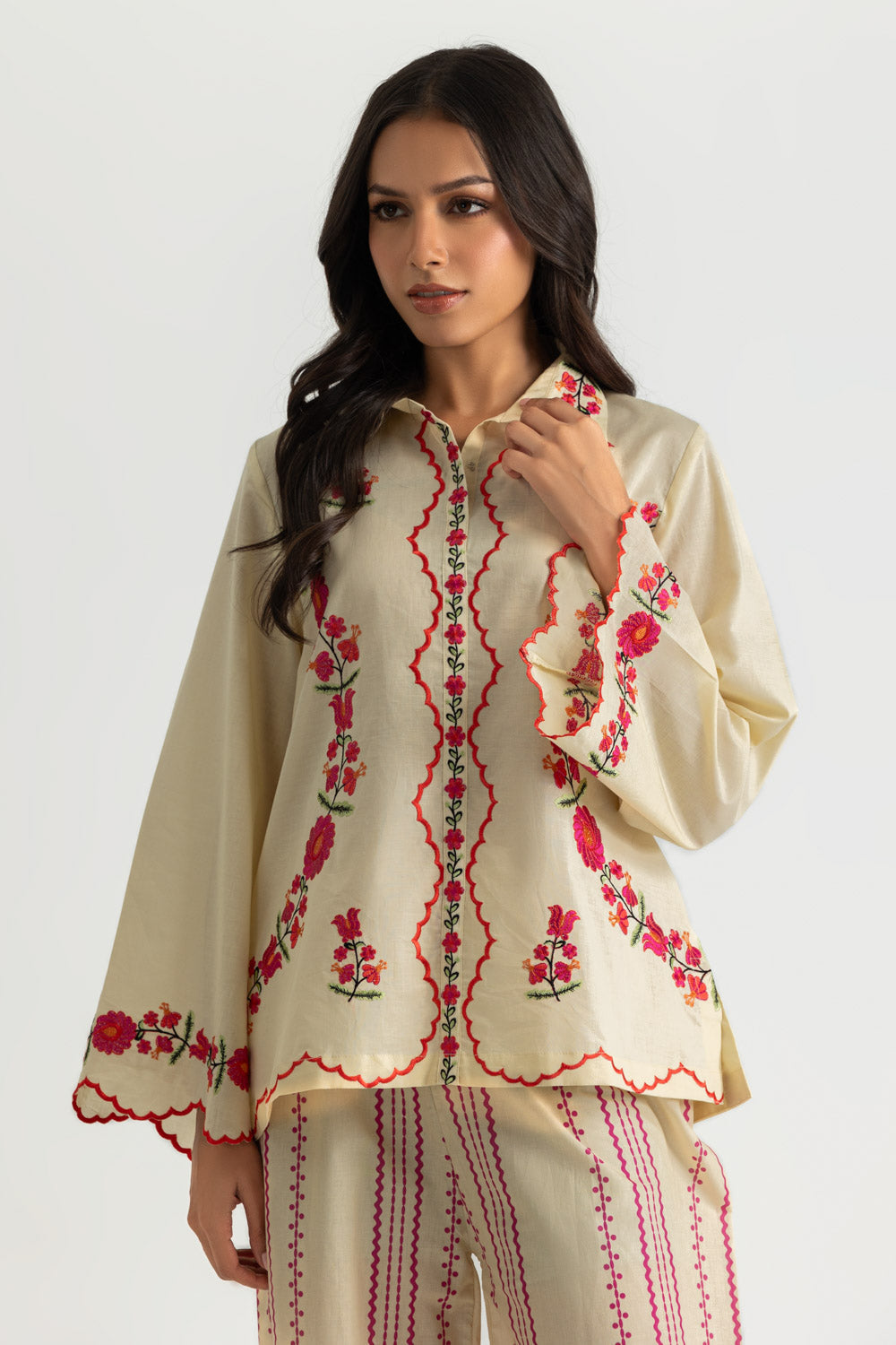 Cambric Printed Co-Ord Set With Embroidered