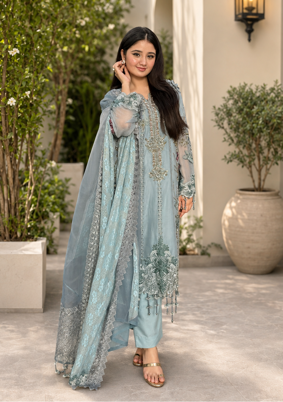 Maria B Luxury Embroidered Chiffon 3Pc Unstitched / Stitched Suit MPC - 26 - 106 - Slate Blue PA-115