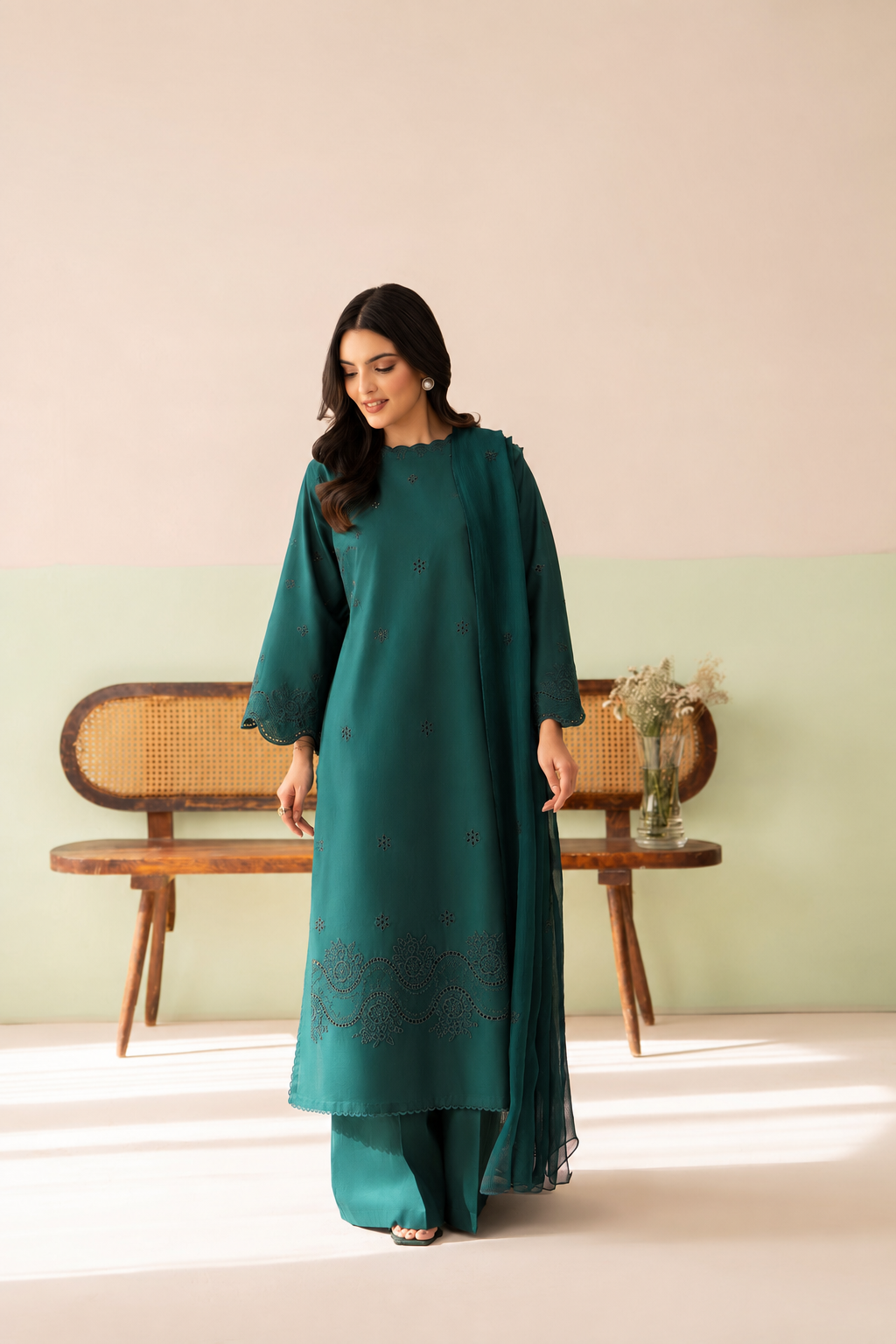 Teal Green Boring Embroidered Lawn Dress | 3 Piece Stitched
