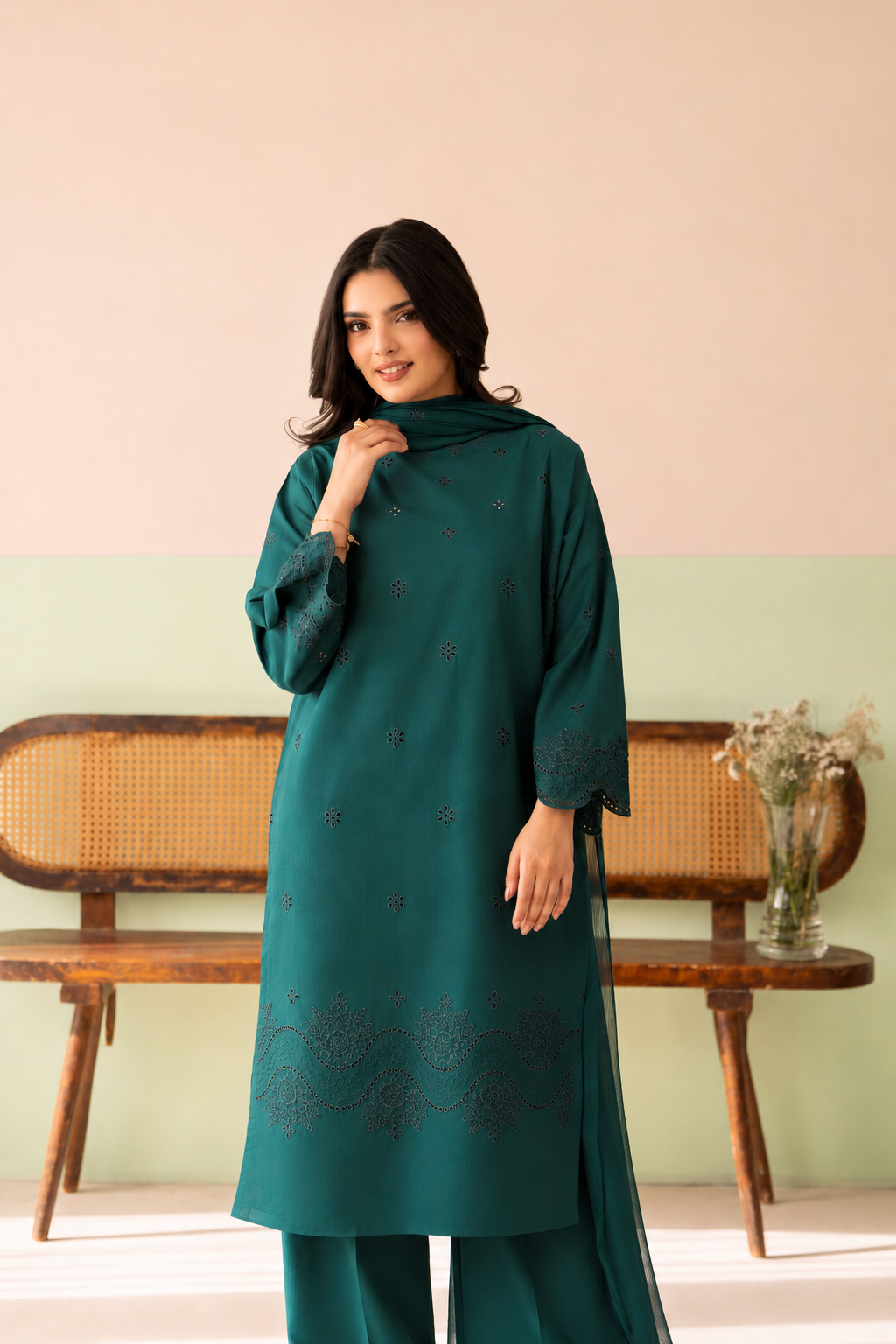 Teal Green Boring Embroidered Lawn Dress | 3 Piece Stitched