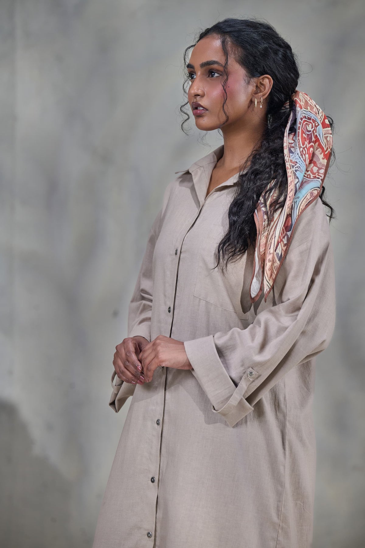 Beige Linen Front Open Dress