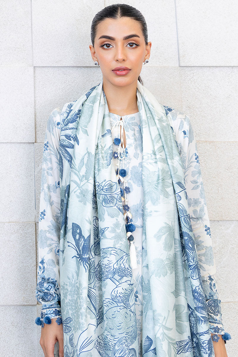 WHIMSICAL TEAL-3PC SATIN PRINTED SUIT