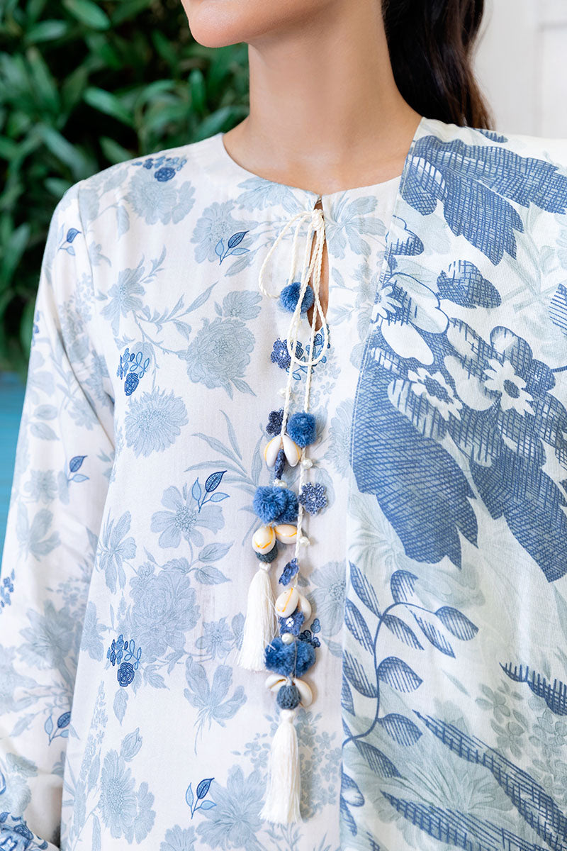 WHIMSICAL TEAL-3PC SATIN PRINTED SUIT