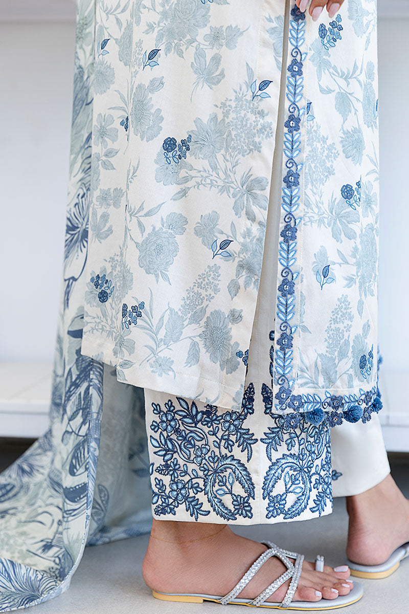 WHIMSICAL TEAL-3PC SATIN PRINTED SUIT