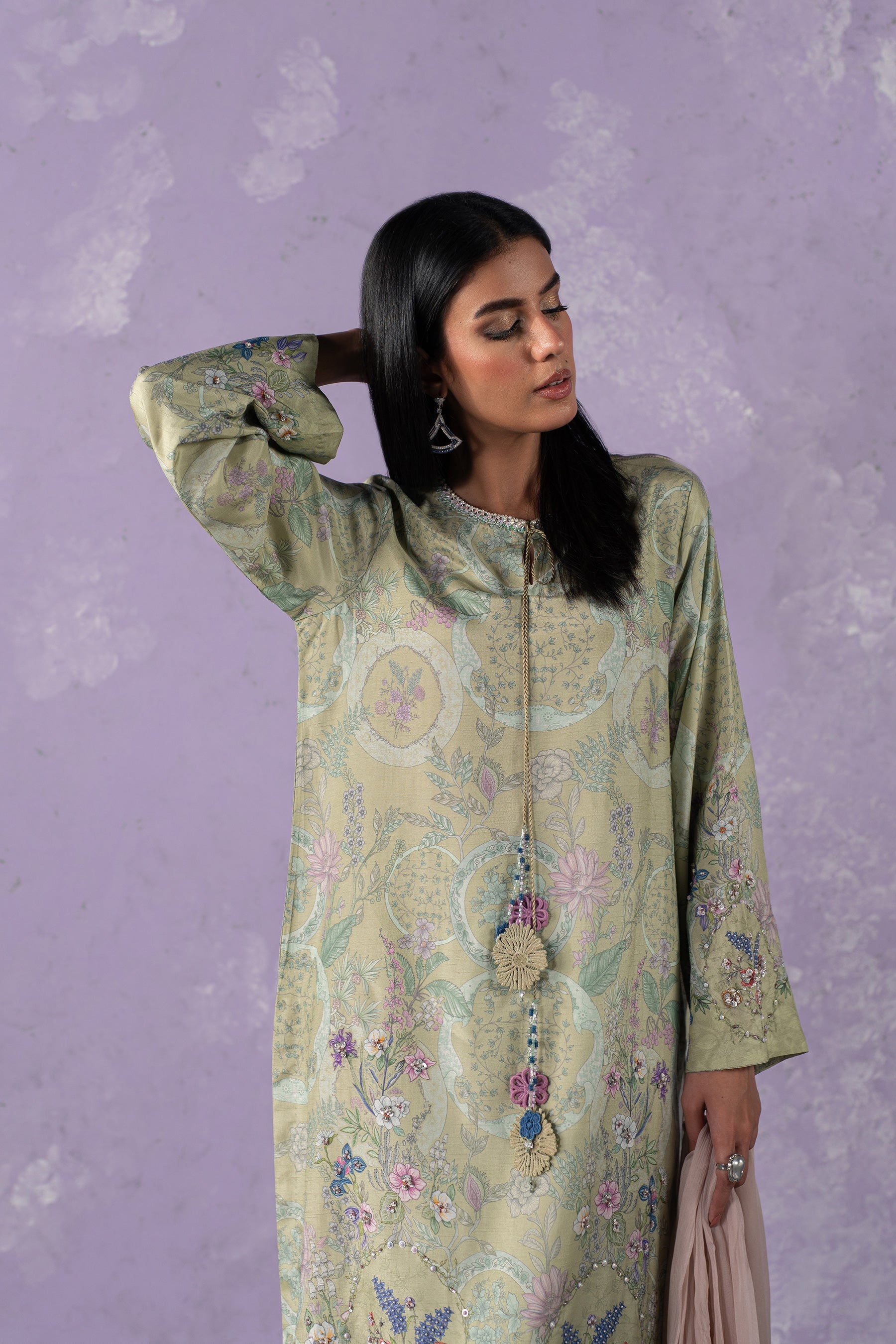Floral Elegance Long Shirt and Ezaar Set (D-03)