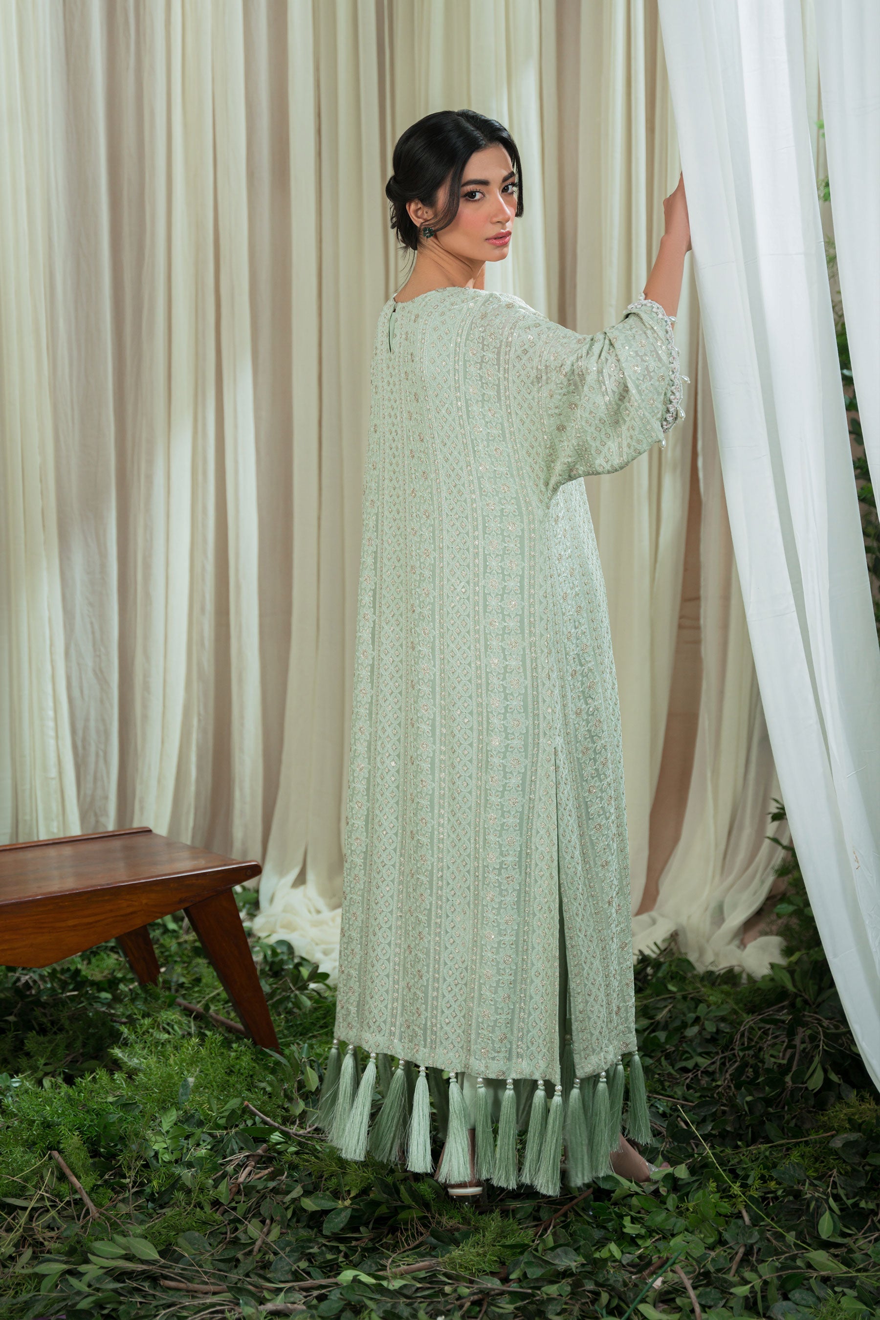 Mint Chikankari Tassle Kaftan (D-08)