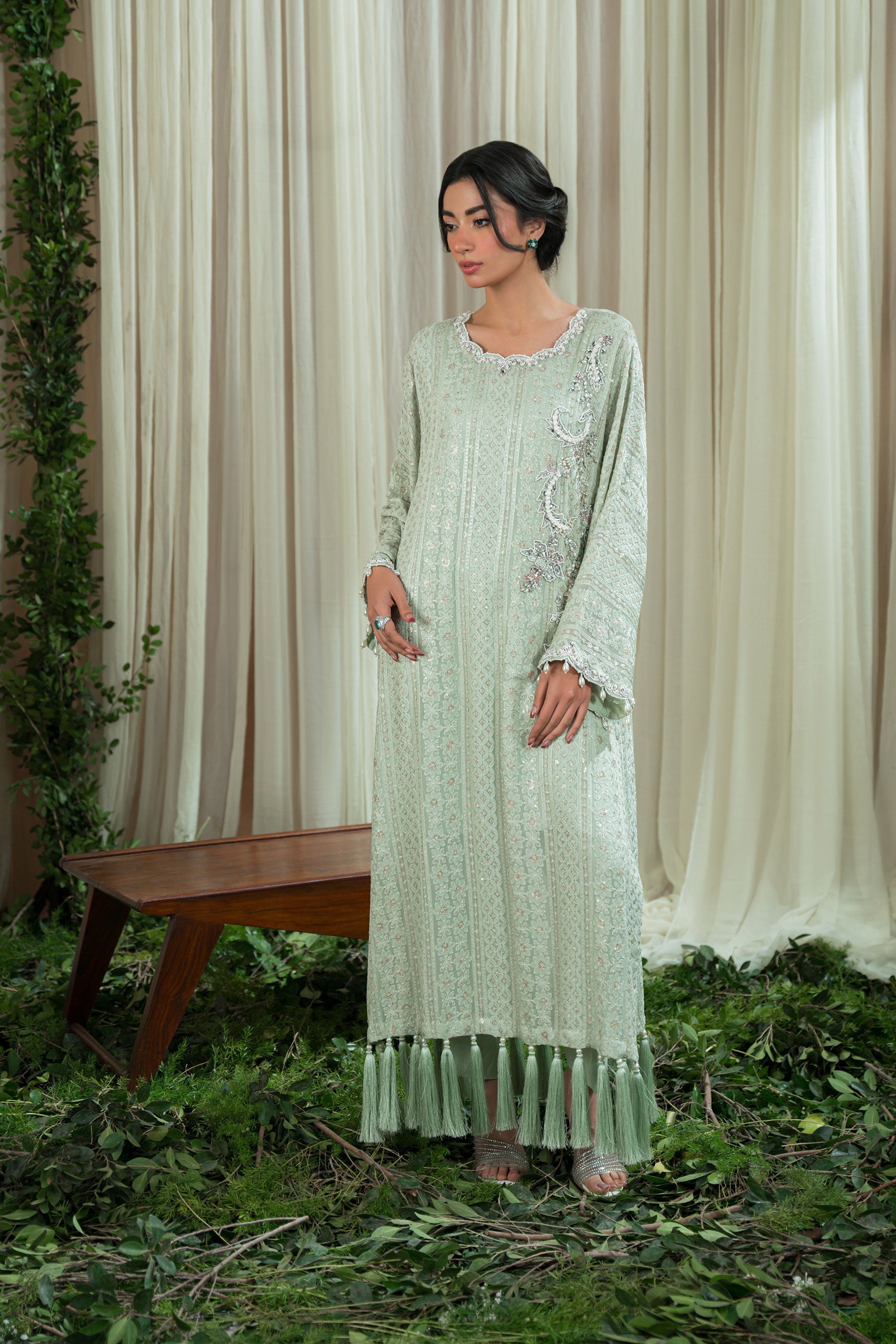 Mint Chikankari Tassle Kaftan (D-08)