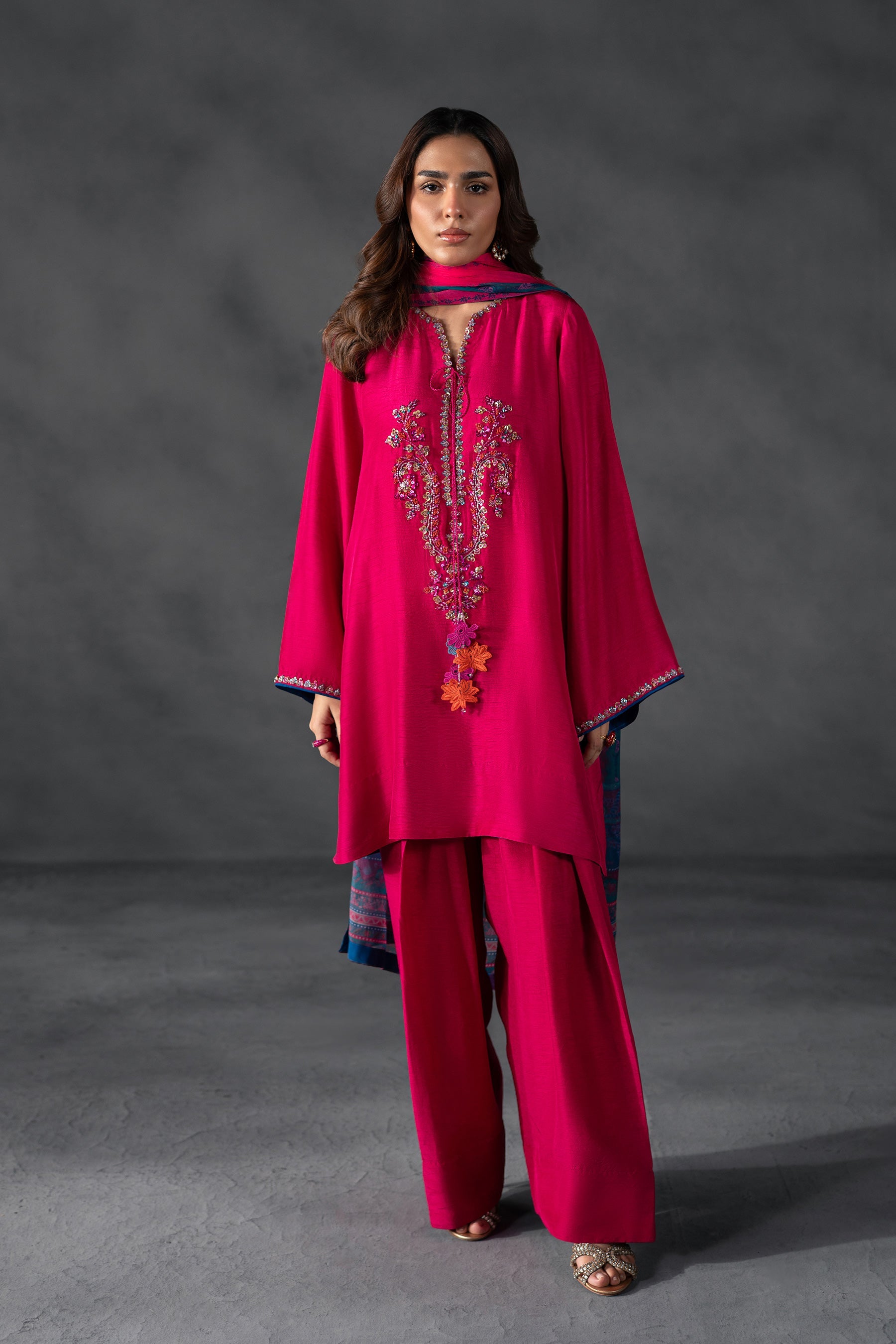 Hot Pink Short Shirt and Shalwar Set (D-09)