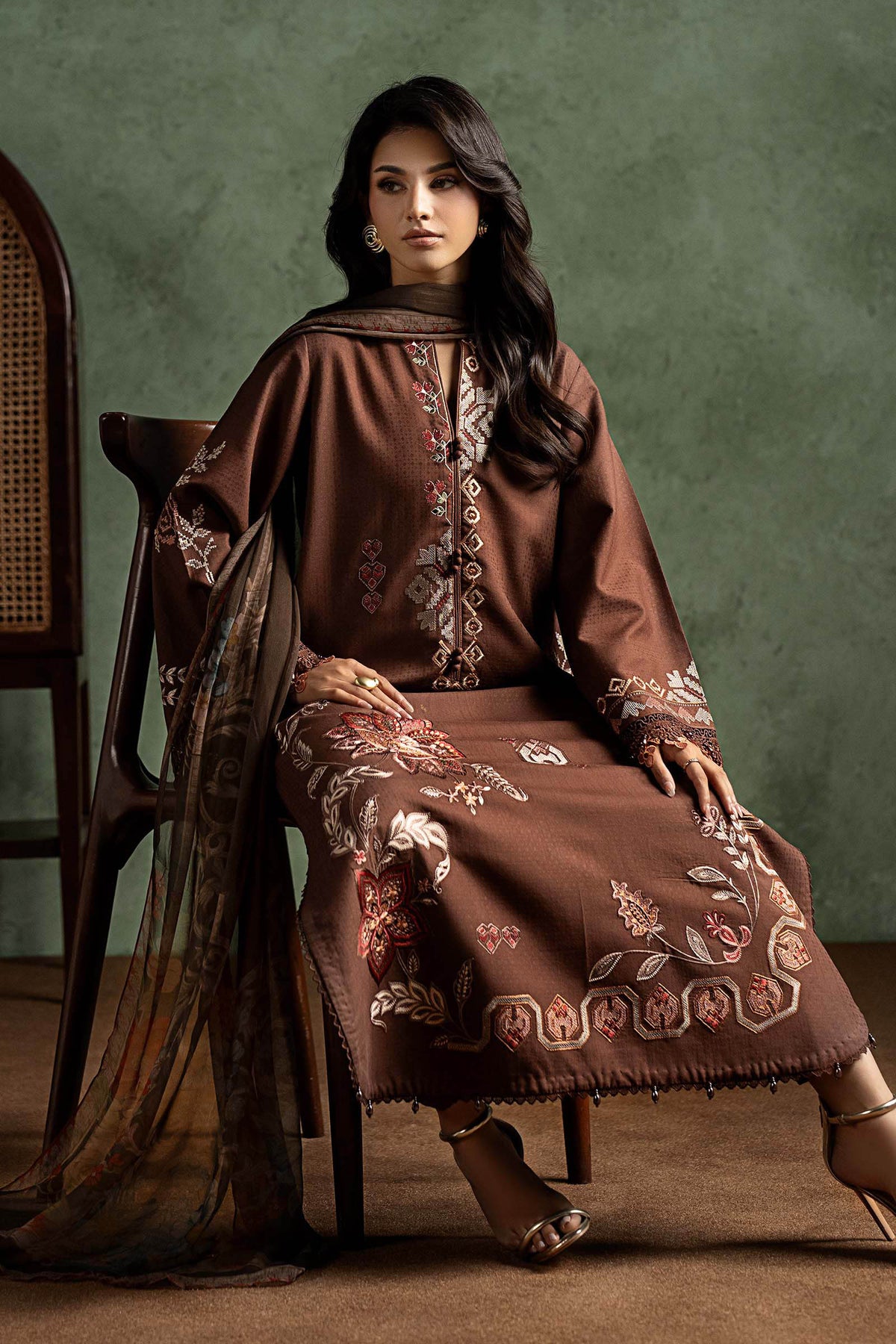 3 Piece Embroidered Dobby Linen Suit