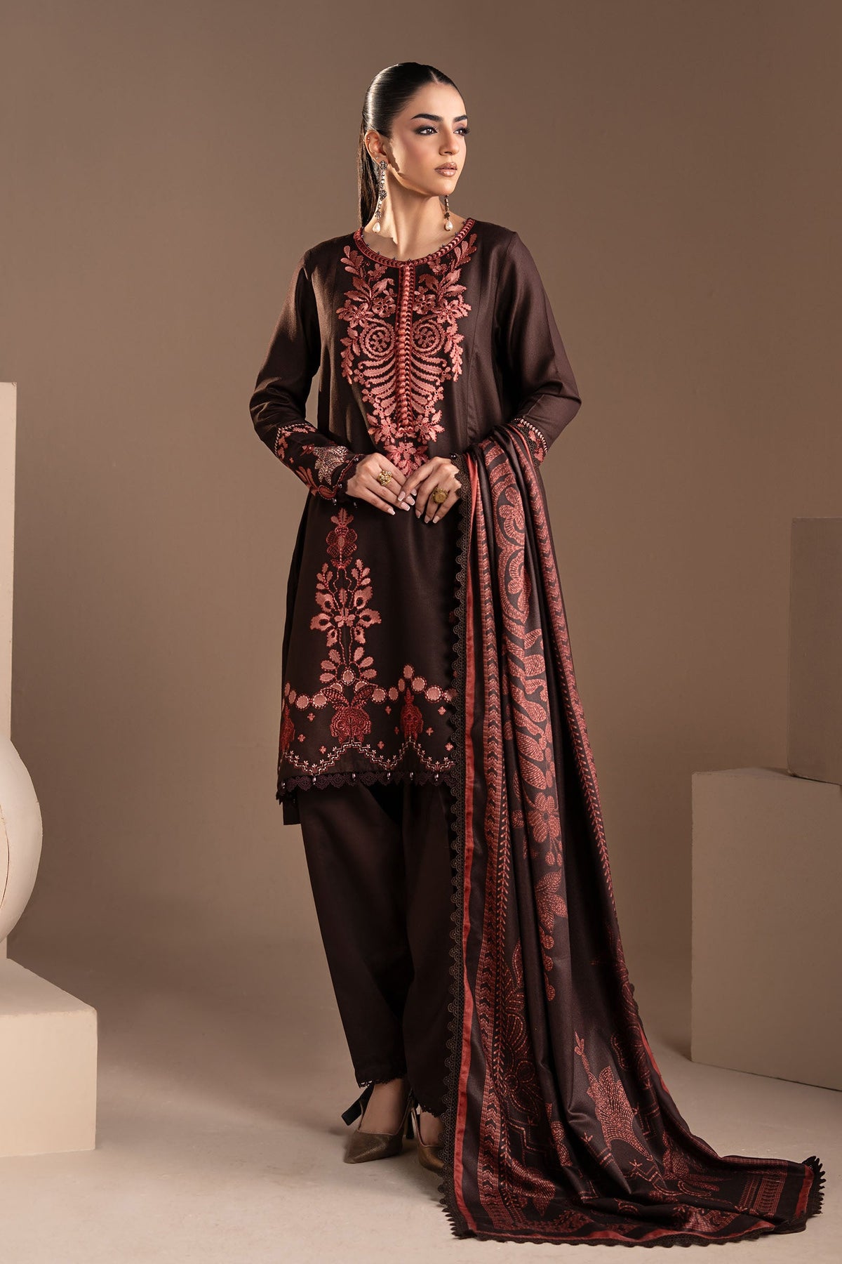 3 Piece Embroidered Twill Linen Suit