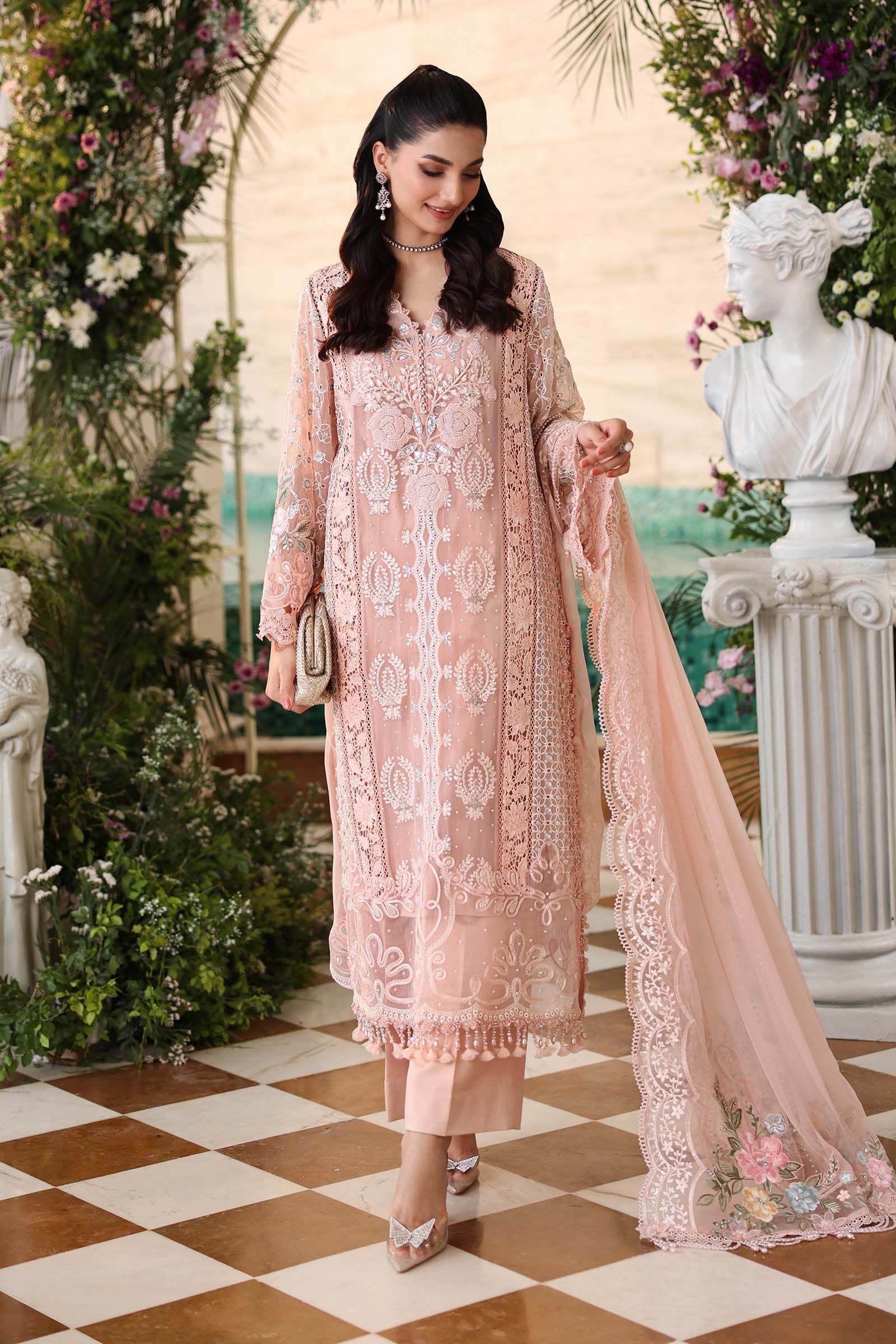 Maria B MPC-26-104-Peach Pink Luxury Embroidered Chiffon 3Pc Unstitched / Stitched Suit PA-162