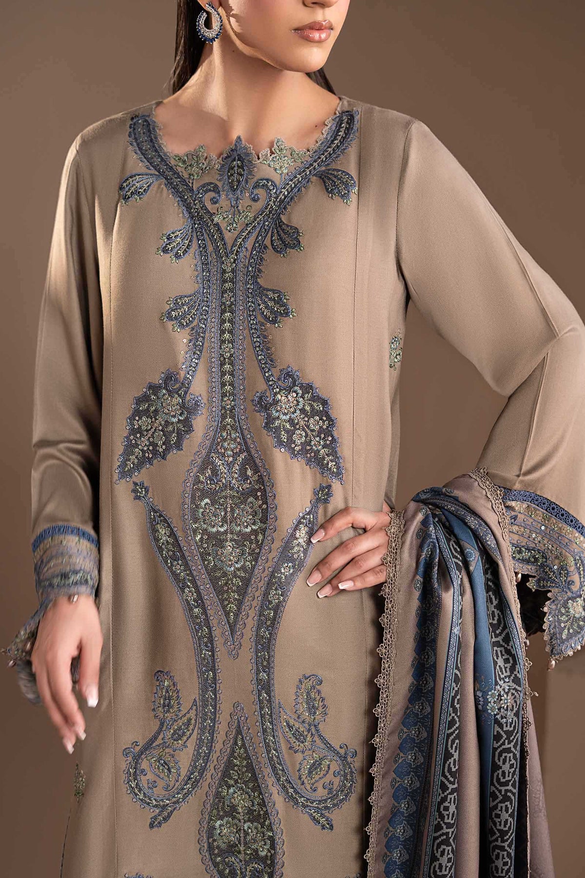 3 Piece Embroidered Twill Linen Suit