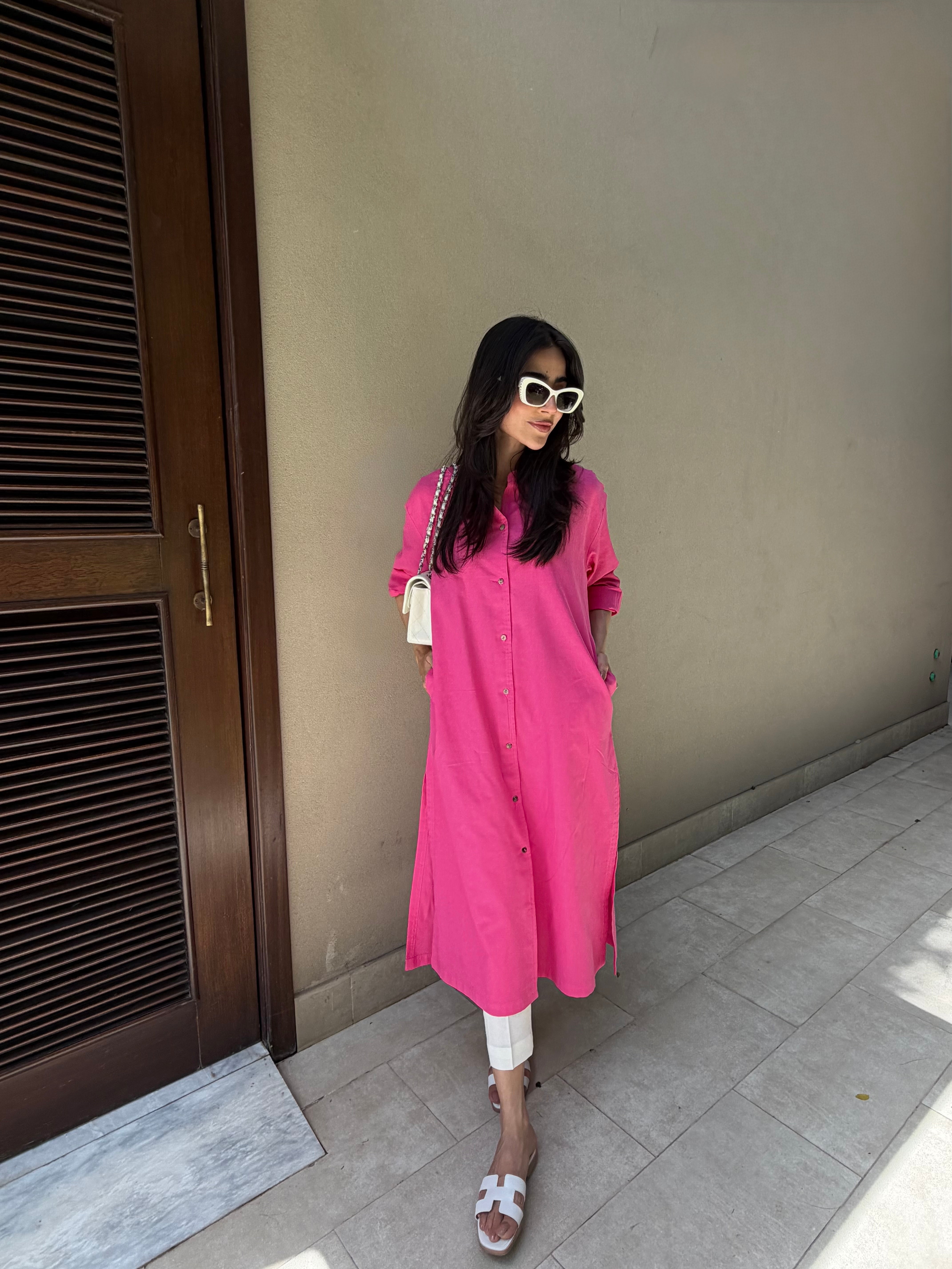 Oversized Linen Shirt Dress in Hot Pink