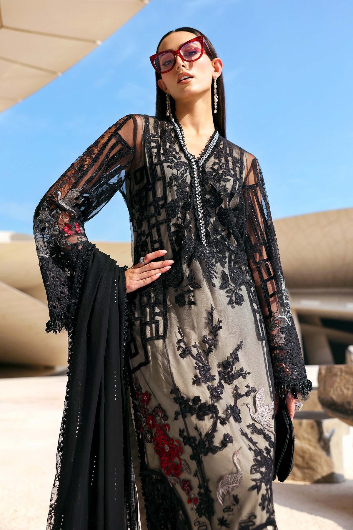 3 Piece Unstitched Embroidered Net Suit