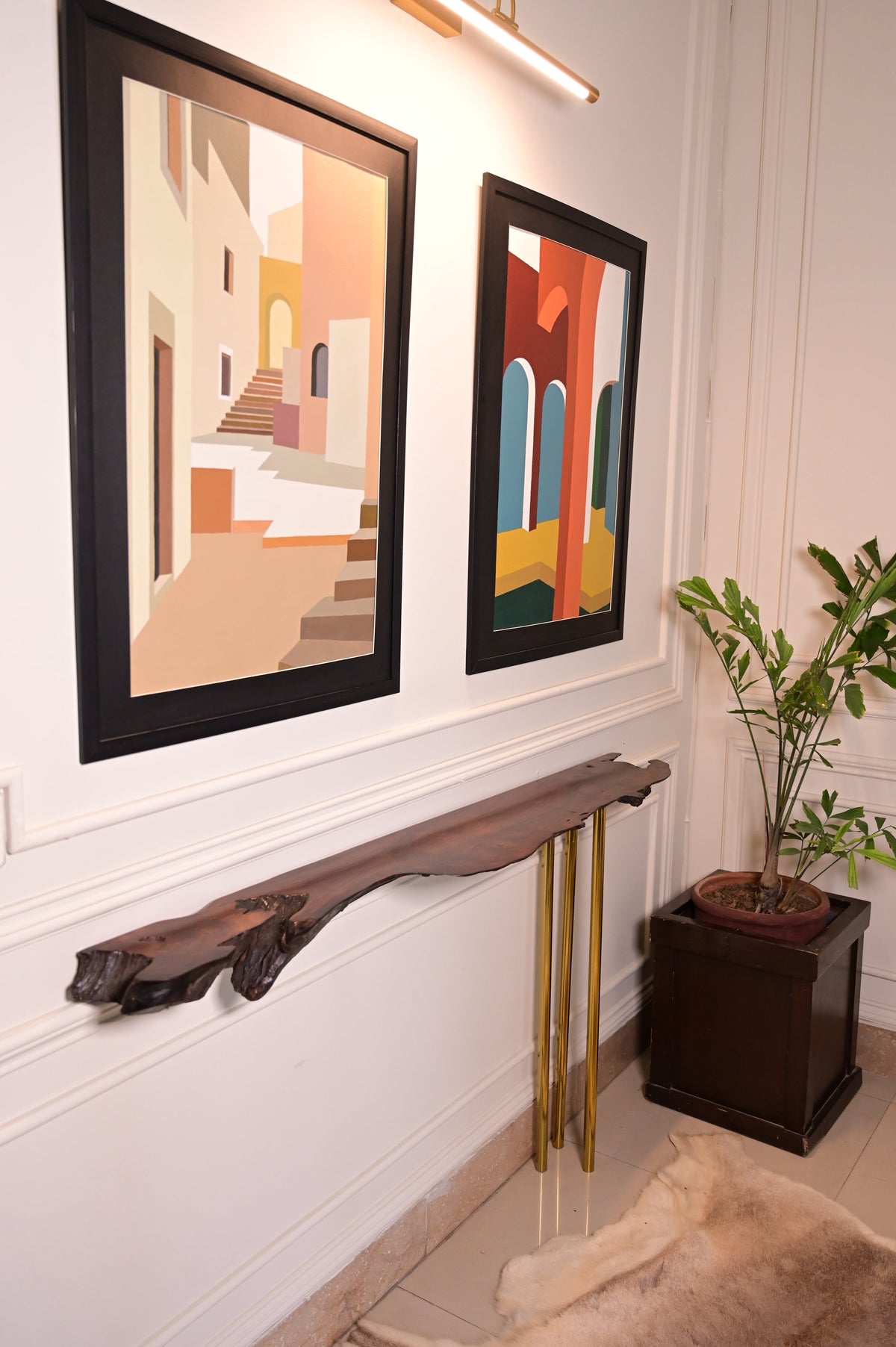 Sheesham hanging console with 3 stainless steel metal legs 2108