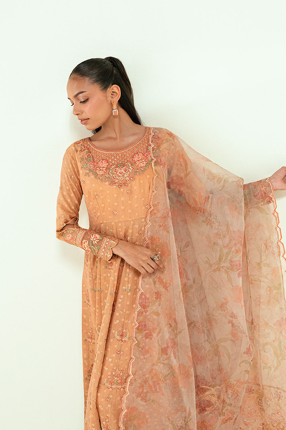 SS25DA-2694 ORANGE 2PCS EMBROIDERED PISHWAS WITH TROUSER