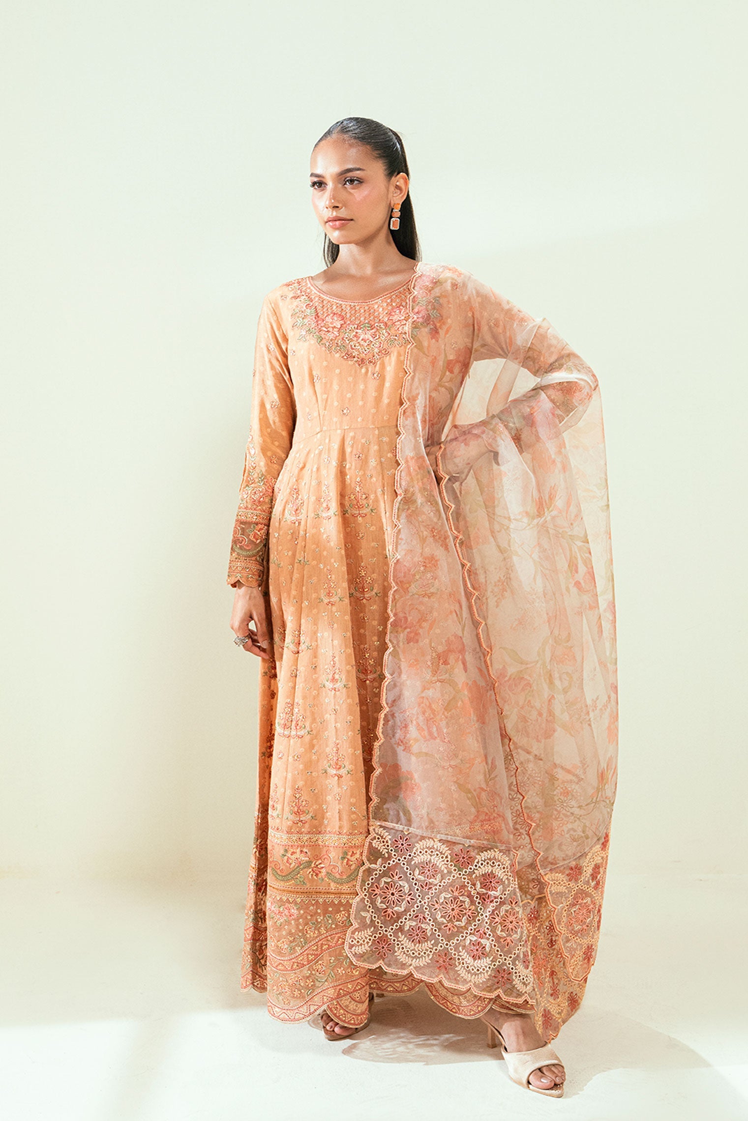 SS24DD-2694 PEACH EMBROIDERED DUPATTA