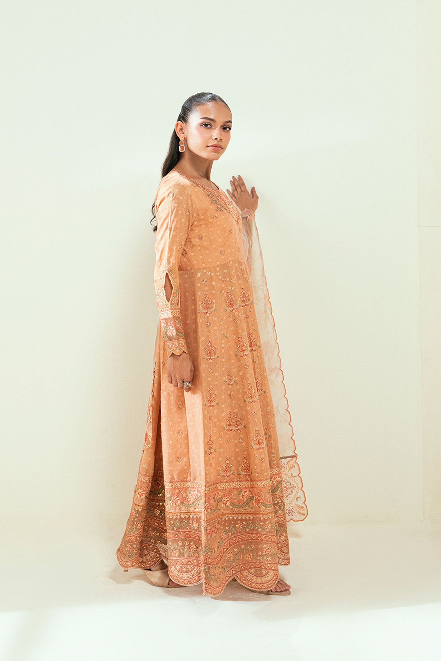 SS25DA-2694 ORANGE 2PCS EMBROIDERED PISHWAS WITH TROUSER