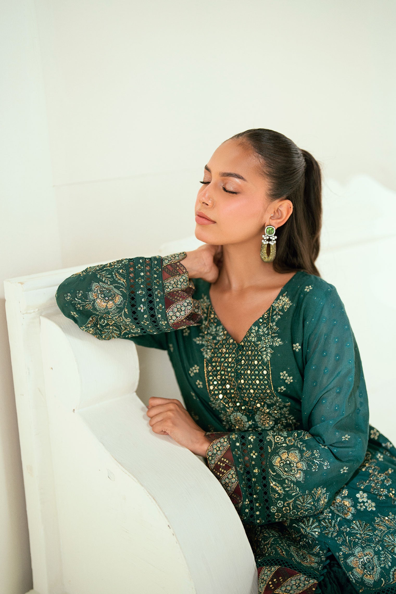 SS25DA-2696 DARK GREEN 2PCS EMBROIDERED KURTA WITH TROUSER