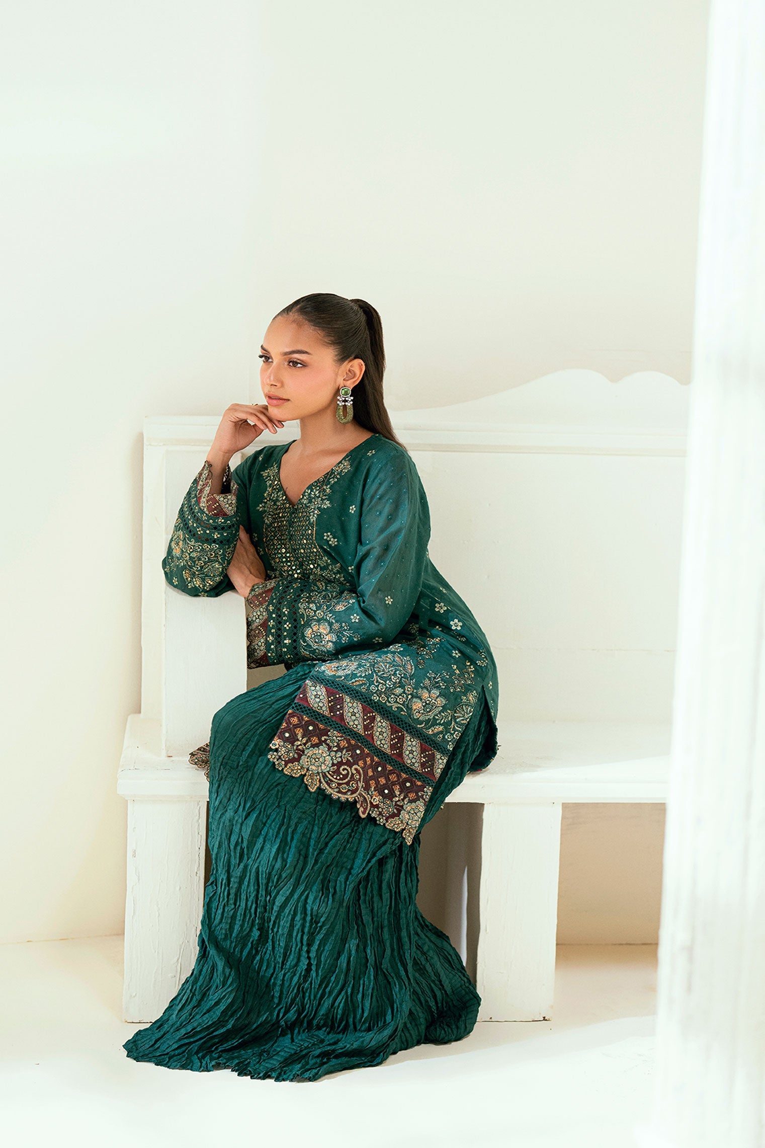 SS25DA-2696 DARK GREEN 2PCS EMBROIDERED KURTA WITH TROUSER