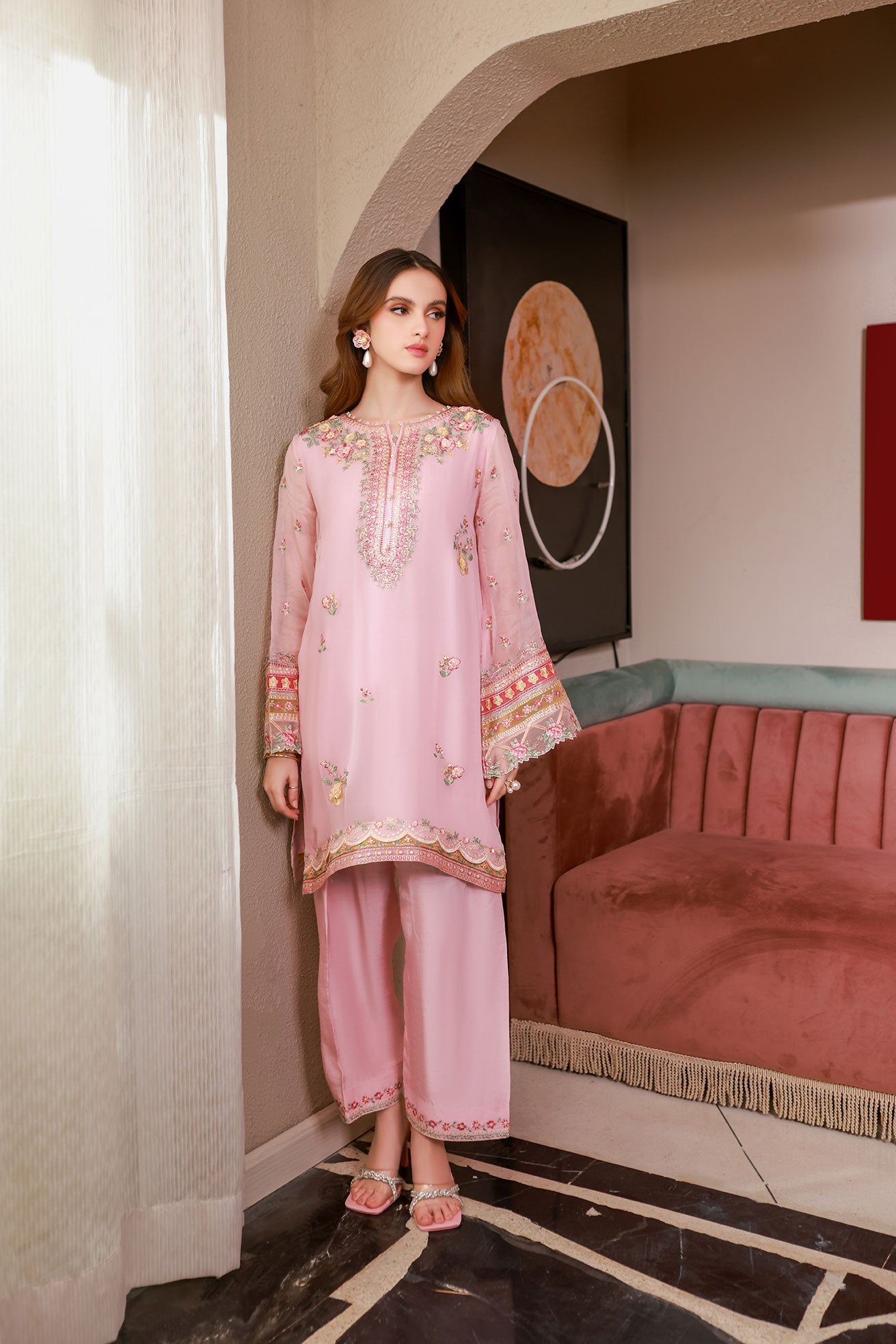 SS25DA-2714 PINK 2PCS EMBROIDERED KURTA WITH TROUSER