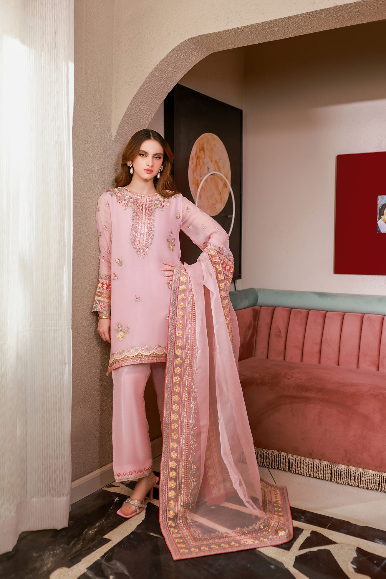 SS25DA-2714 PINK 2PCS EMBROIDERED KURTA WITH TROUSER