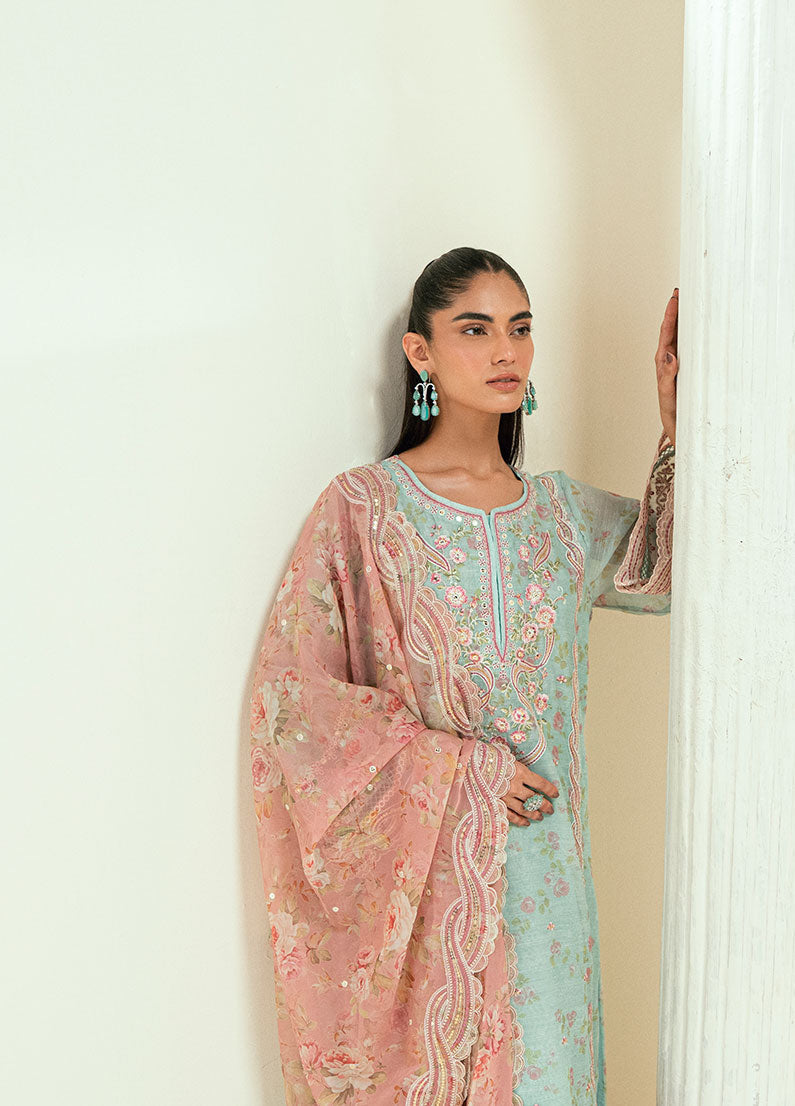 SS25DA-2722 L-GREEN 2PCS EMBROIDERED KURTA WITH TROUSER