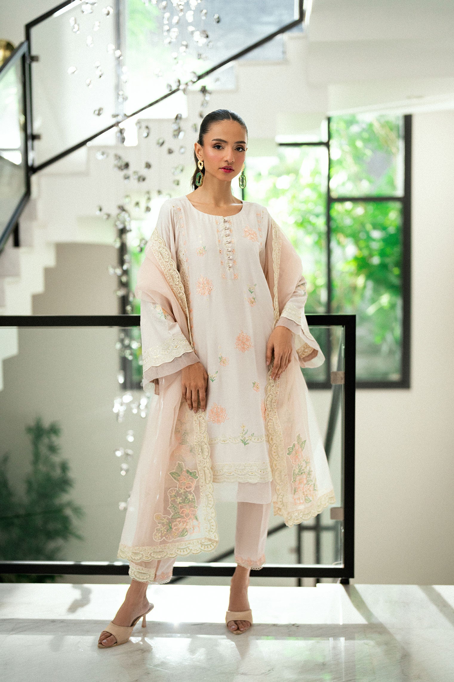 SS25DA-2735 T-PINK 2PCS EMBROIDERED KURTA WITH TROUSER