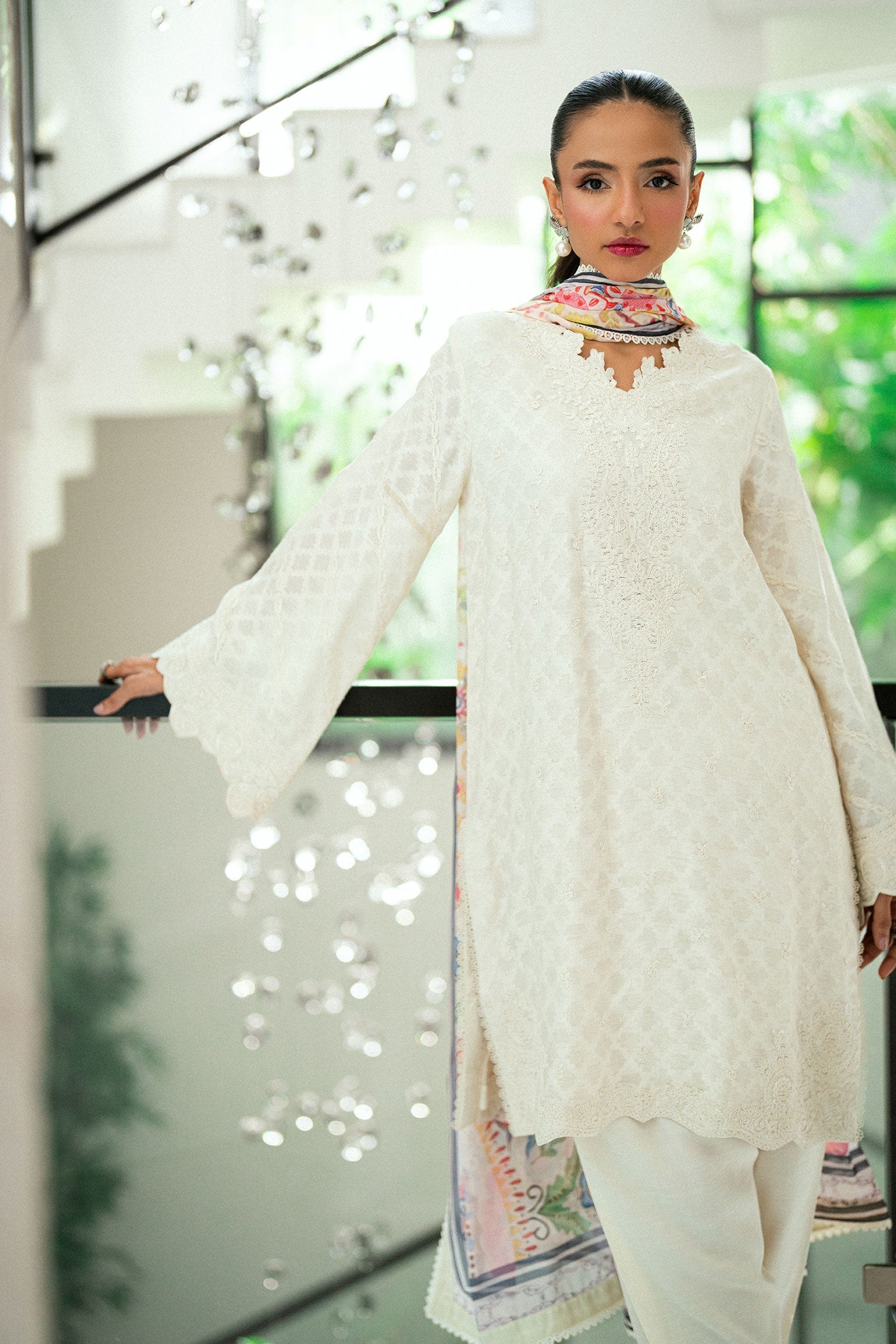 SS25DA-2743 OFF WHITE 2PCS EMBROIDERED KURTA WITH TROUSER