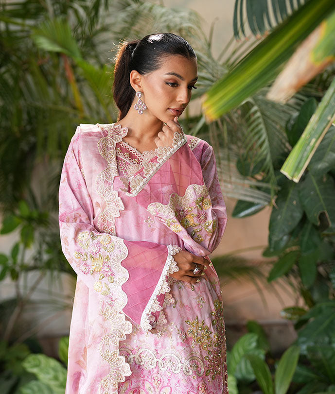 SS25DA-2756 PINK 2PCS EMBROIDERED KURTA WITH TROUSER