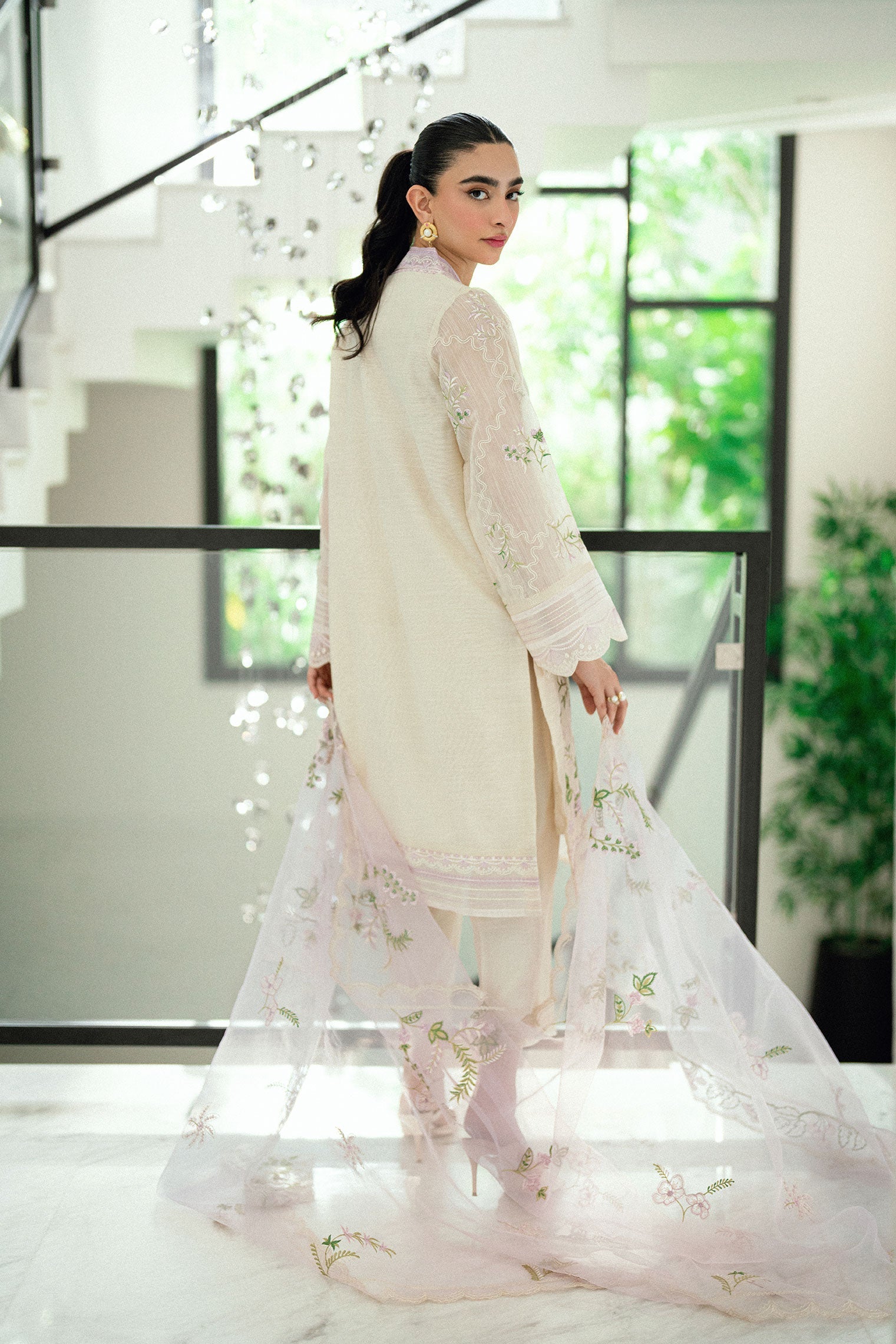 SS25DA-2761 CREAM 2PCS EMBROIDERED KURTA WITH TROUSER
