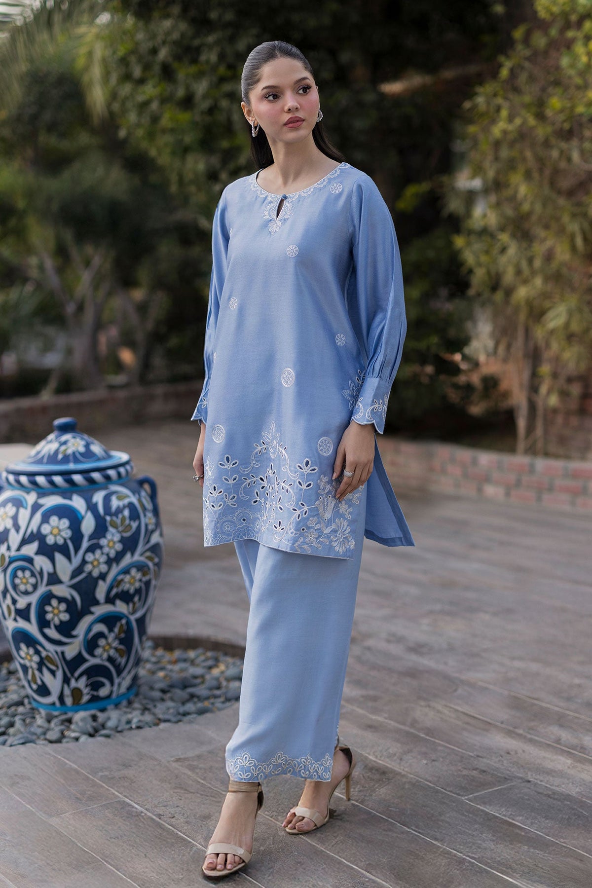 SS25DA-2767 SKY BLUE 2PCS EMBROIDERED KURTA WITH TROUSER