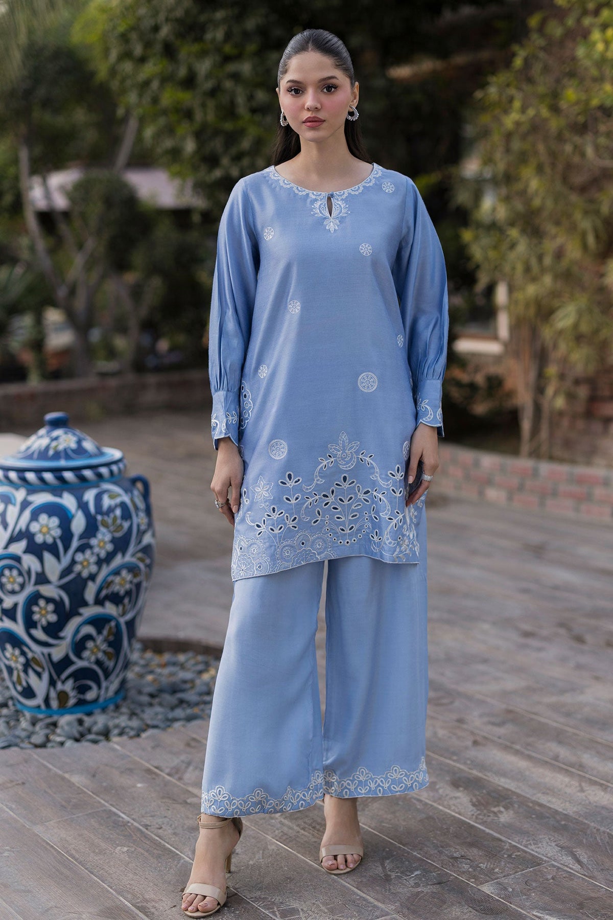 SS25DA-2767 SKY BLUE 2PCS EMBROIDERED KURTA WITH TROUSER