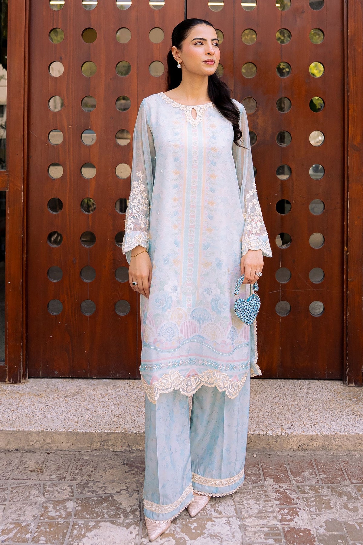 FW25DA-2858 SKY BLUE 2PCS EMBROIDERED KURTA WITH TROUSER
