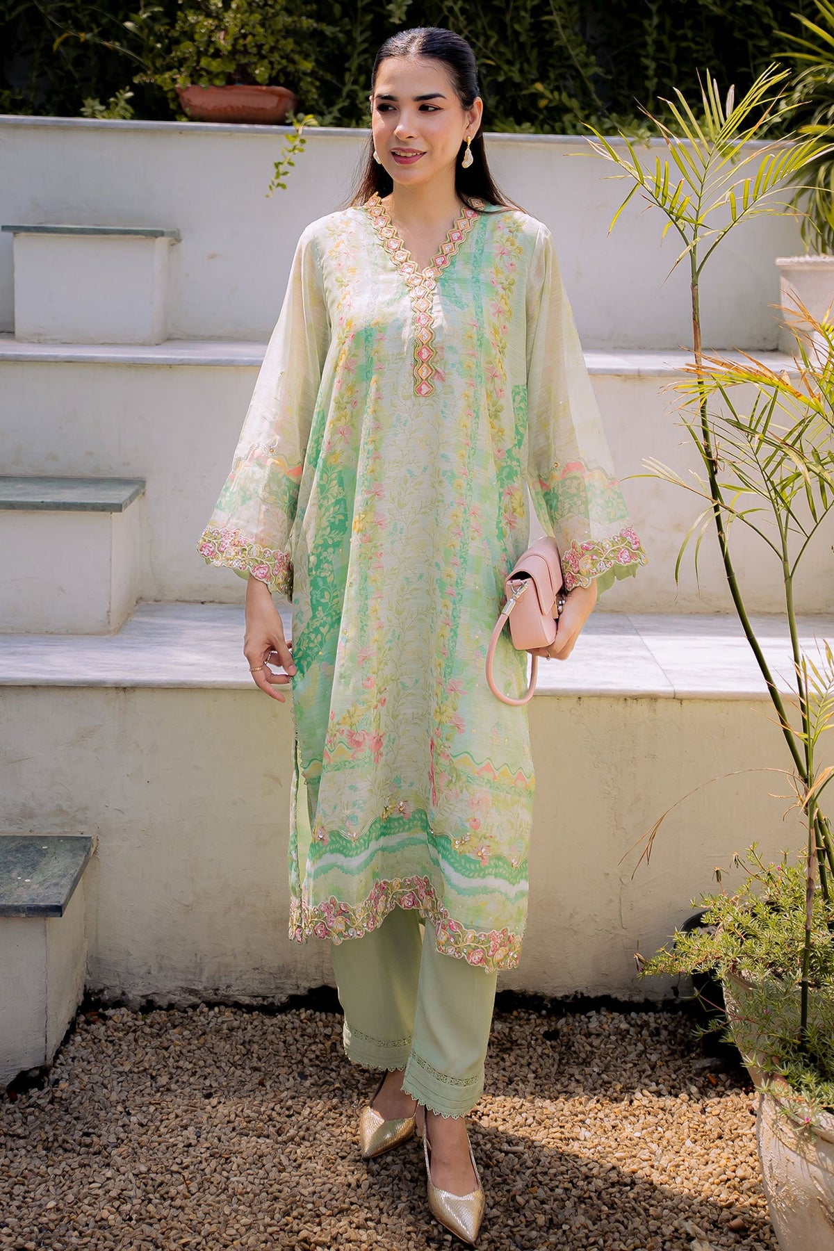 FW25DA-2859 GREEN 2PCS EMBROIDERED KURTA WITH TROUSER