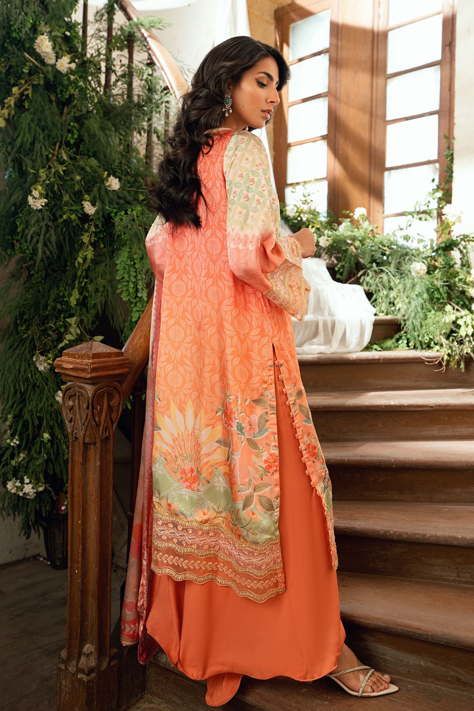 SS26DA-2893 ORANGE 2PCS HAND EMBELLISHED KURTA WITH TROUSER