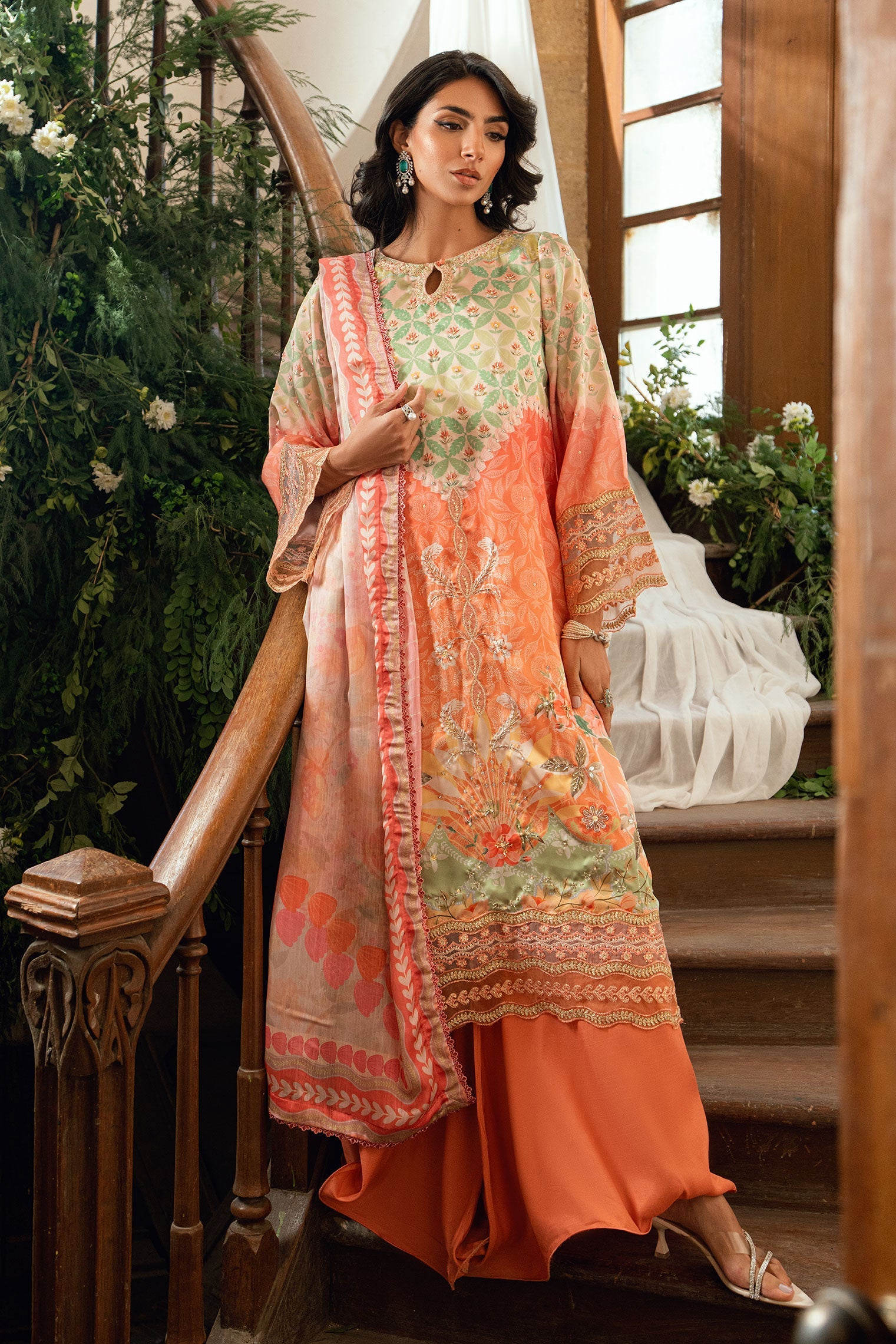 SS26DA-2893 ORANGE 2PCS HAND EMBELLISHED KURTA WITH TROUSER