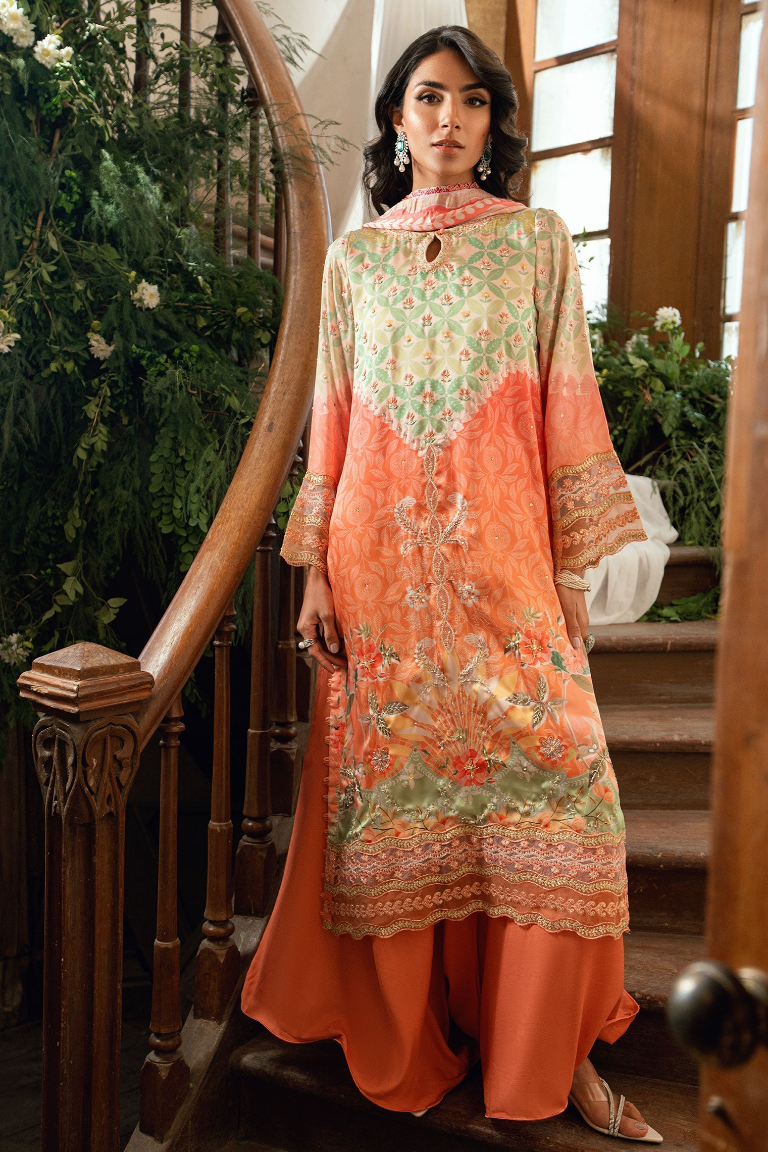 SS26DA-2893 ORANGE 2PCS HAND EMBELLISHED KURTA WITH TROUSER