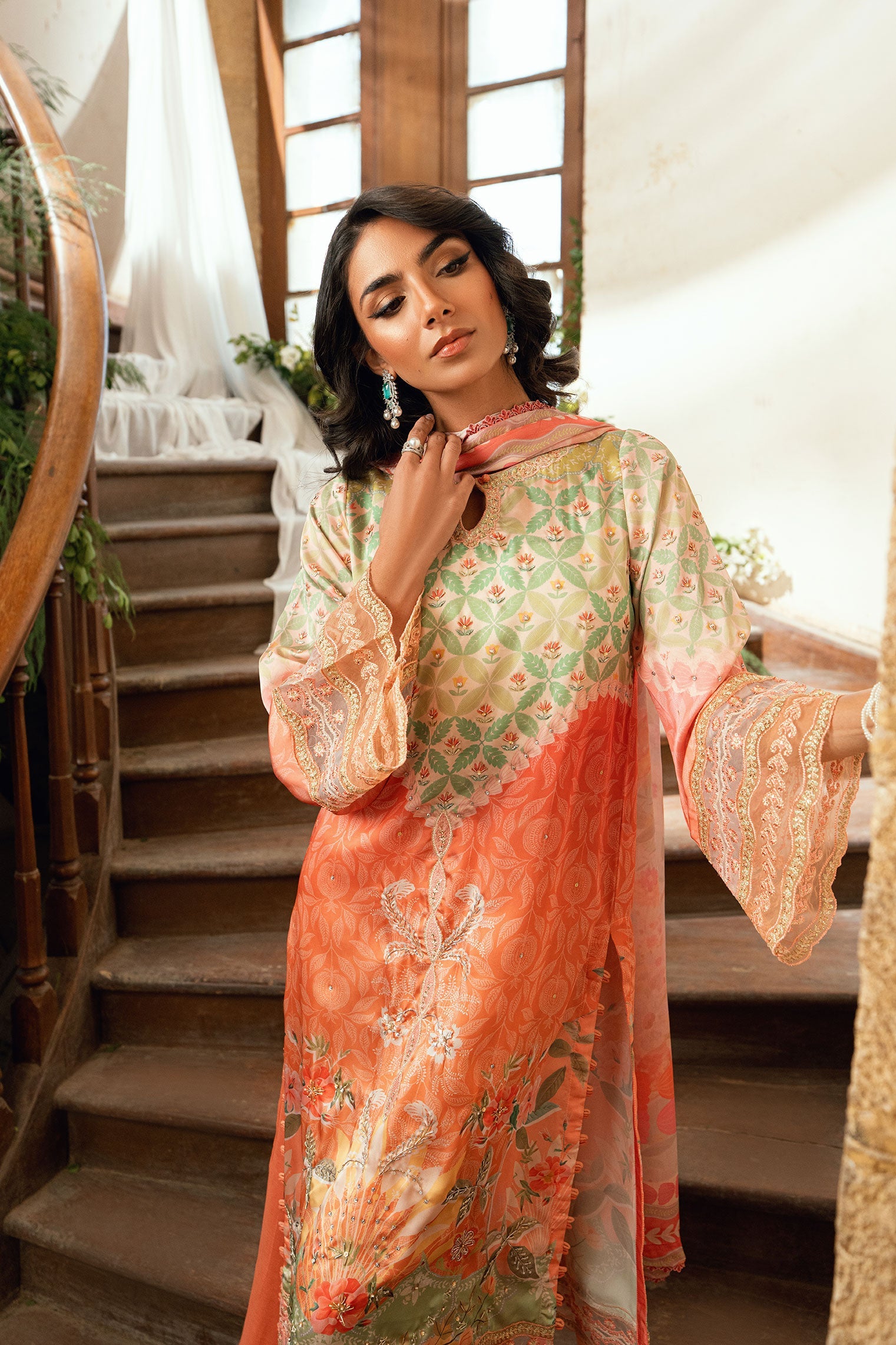 SS26DA-2893 ORANGE 2PCS HAND EMBELLISHED KURTA WITH TROUSER