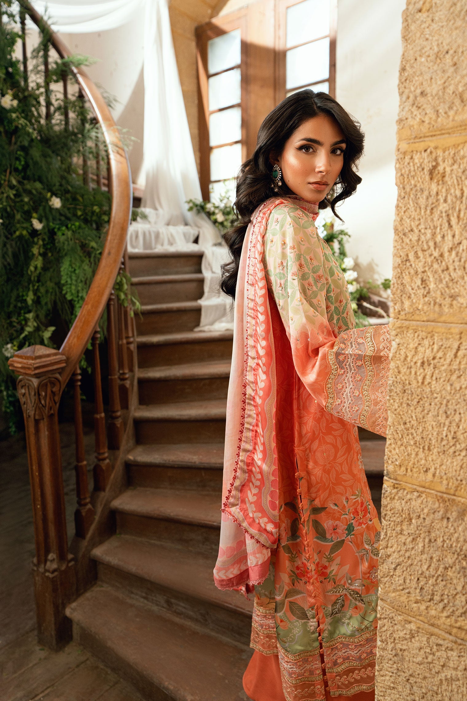 SS26DA-2893 ORANGE 2PCS HAND EMBELLISHED KURTA WITH TROUSER