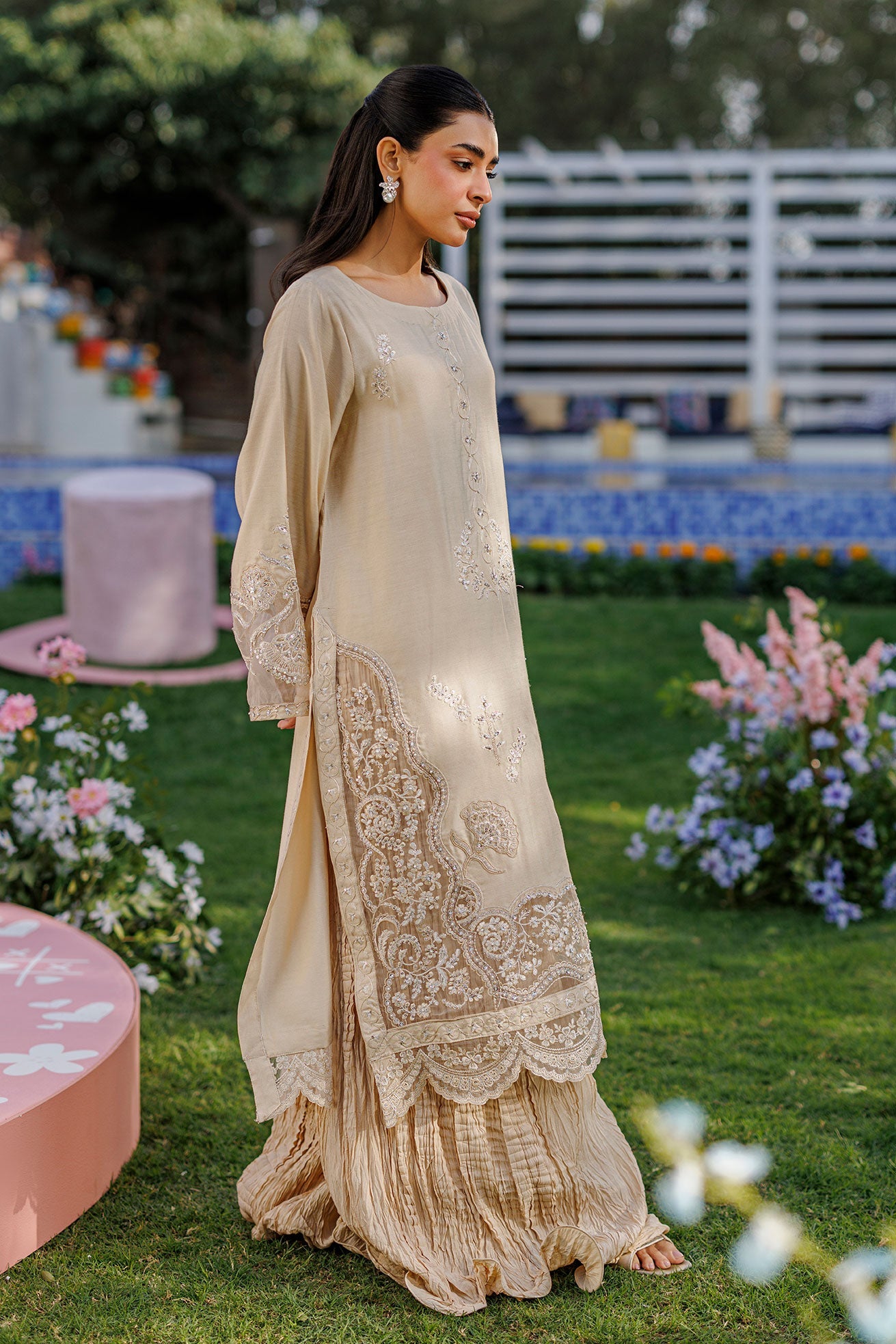 SS26DA-2901 BEIGE 2PCS EMBROIDERED KURTA WITH TROUSER