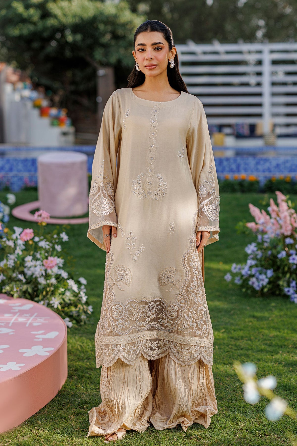 SS26DA-2901 BEIGE 2PCS EMBROIDERED KURTA WITH TROUSER