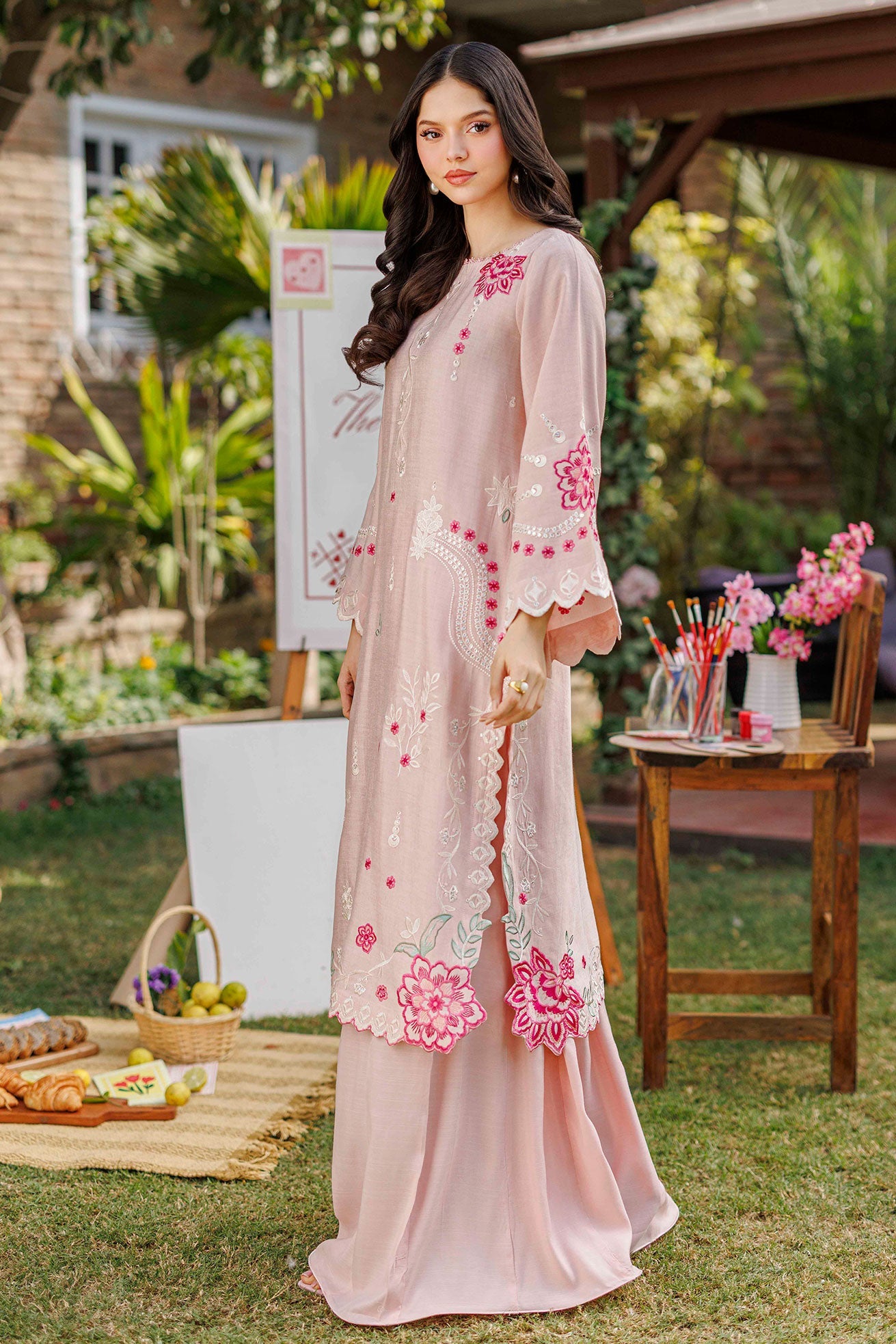 SS26DA-2906 PINK 2PCS EMBROIDERED KURTA WITH TROUSER