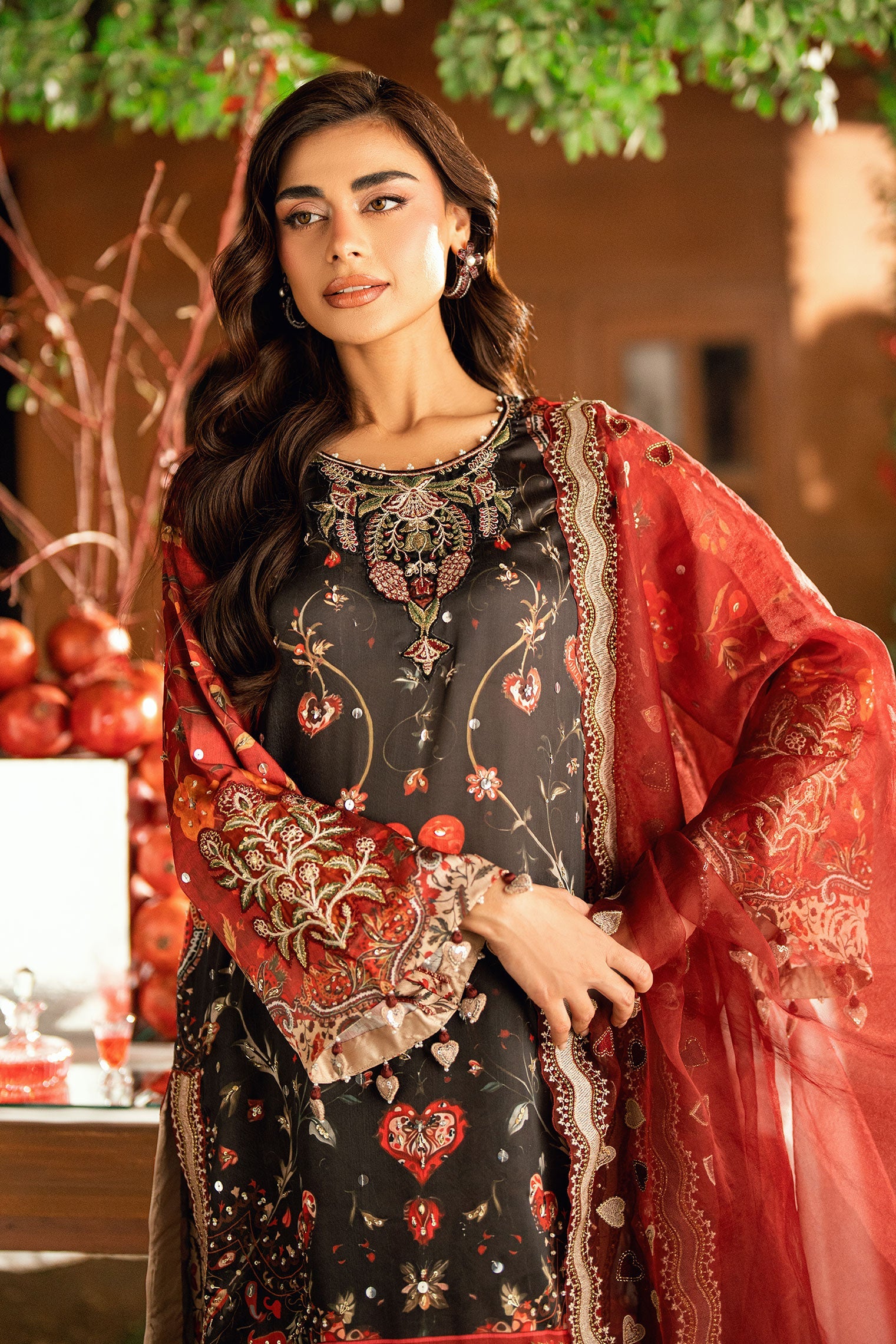 SS26DA-2911 BLACK-SILK TUNIC- 2PCS HAND EMBELLISHED SHIRT WITH TROUSER