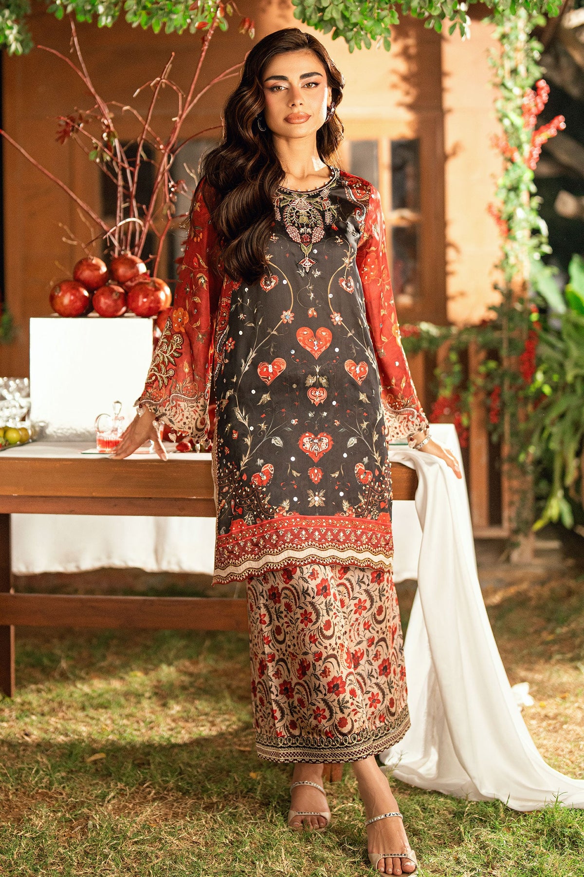 SS26DA-2911 BLACK-SILK TUNIC- 2PCS HAND EMBELLISHED SHIRT WITH TROUSER