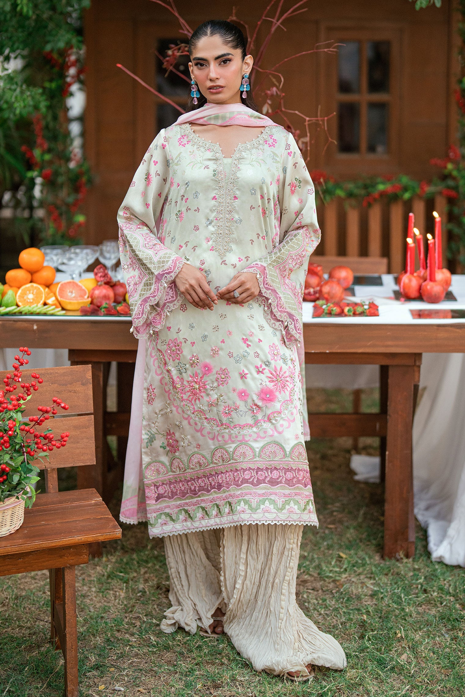 SS26DA-2912 L-GREEN -SILK TUNIC- 2PCS HAND EMBELLISHED SHIRT WITH TROUSER