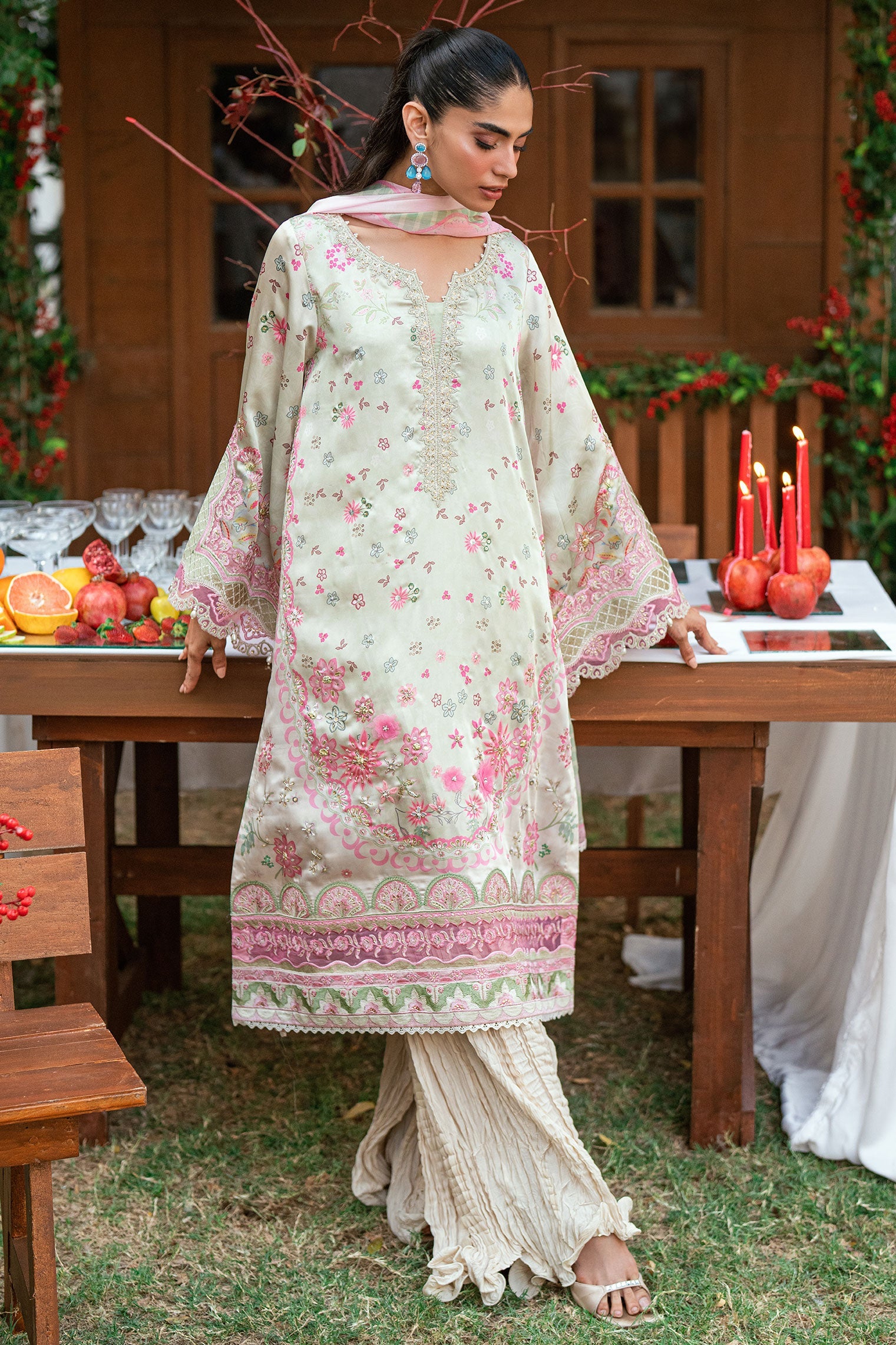 SS26DA-2912 L-GREEN -SILK TUNIC- 2PCS HAND EMBELLISHED SHIRT WITH TROUSER