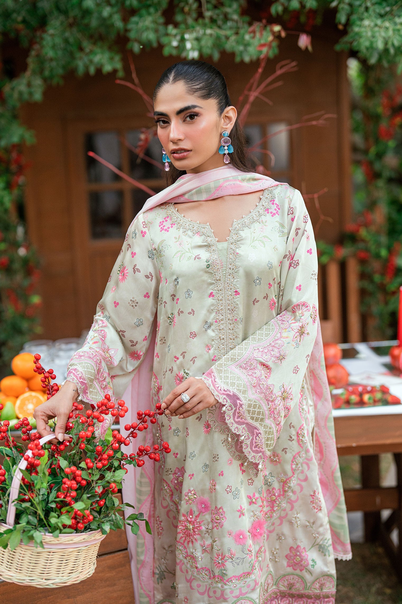 SS26DA-2912 L-GREEN -SILK TUNIC- 2PCS HAND EMBELLISHED SHIRT WITH TROUSER